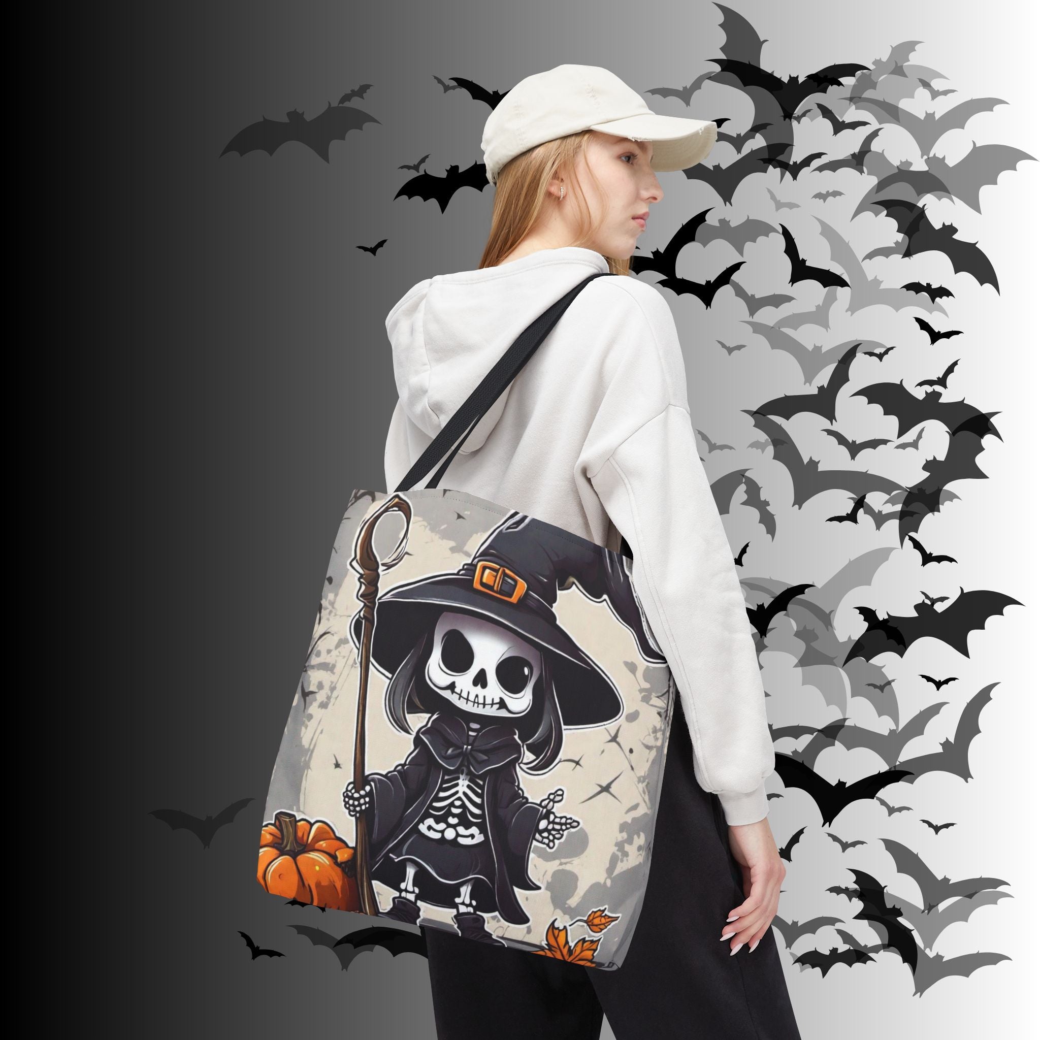 Skeleton Witch Halloween Tote Bag — Spooky Chibi Witch Print