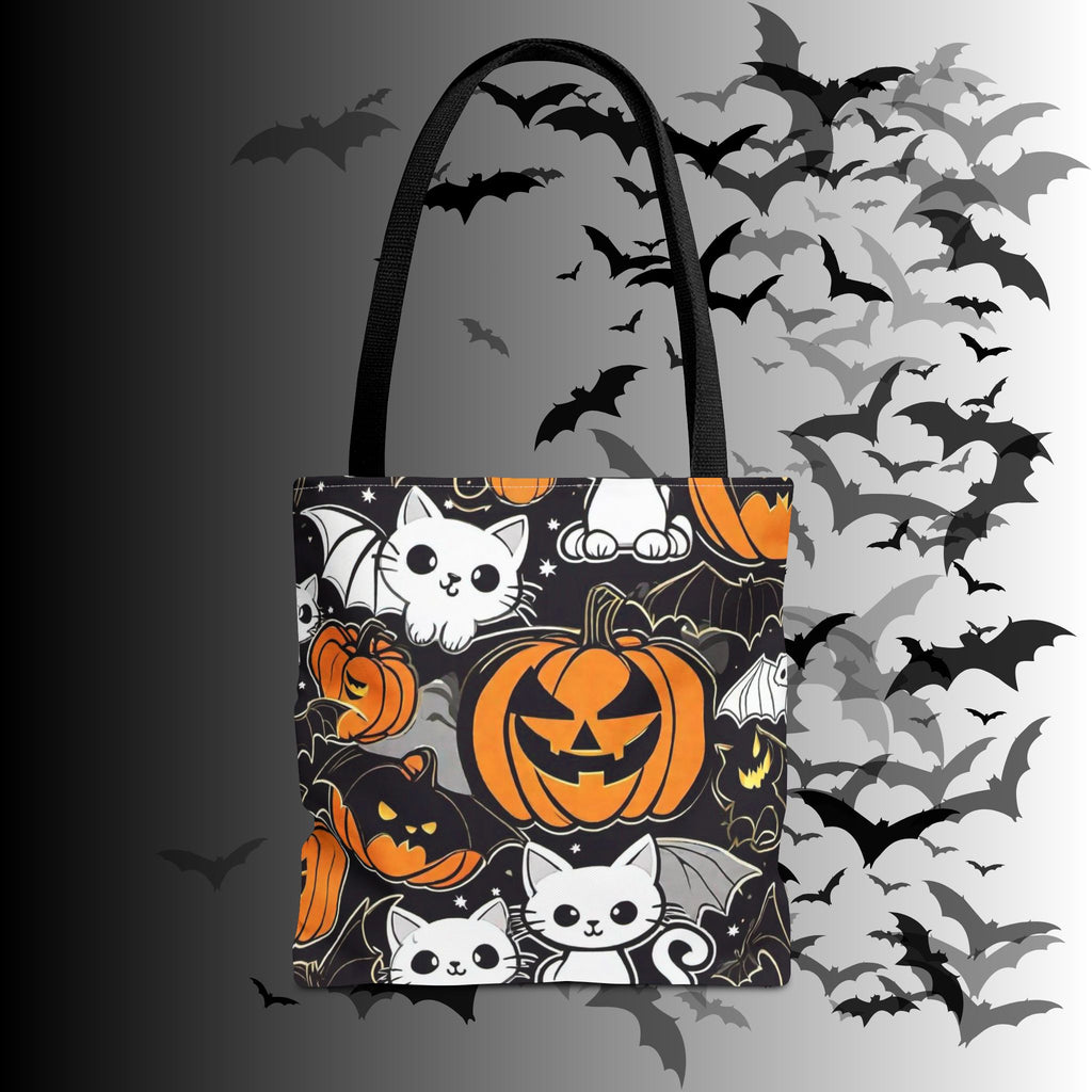Kawaii Bat Cat Halloween Tote Bag — Dark Pumpkin Pattern