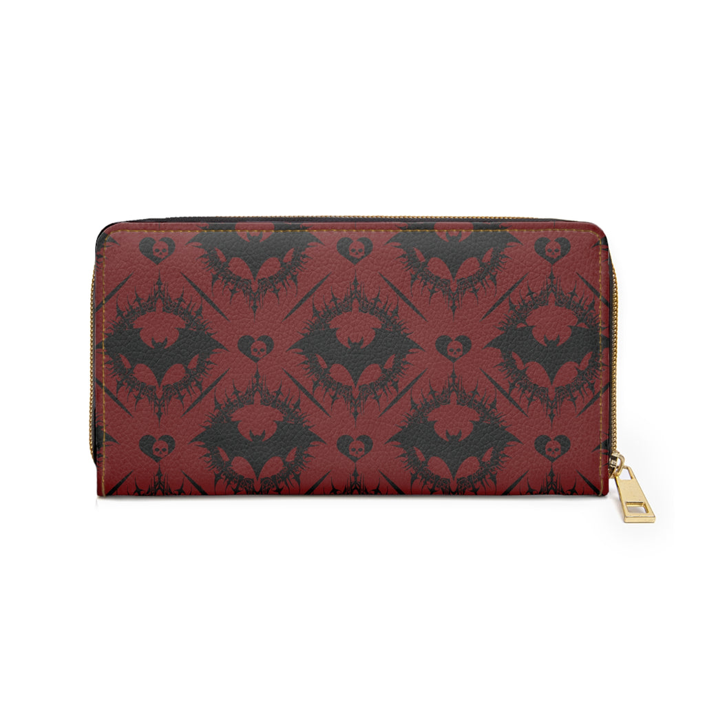 Scarlet Gothic Bat Pattern Wallet | Red & Black Damask Faux Leather Zipper Clutch