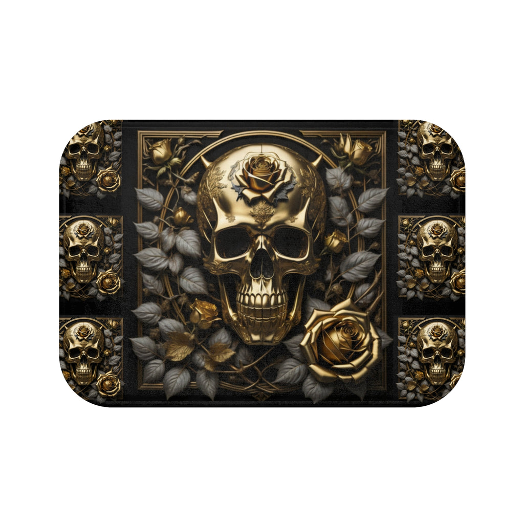 Gothic Black & Gold Skull Rose Bath Mat — Gothic Glam Bathroom Decor