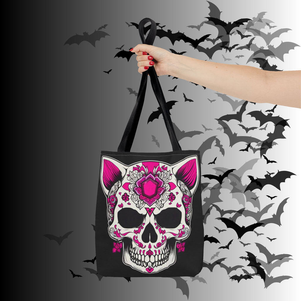 Pink Sugar Skull Cat Tote Bag — Day of the Dead Floral Design