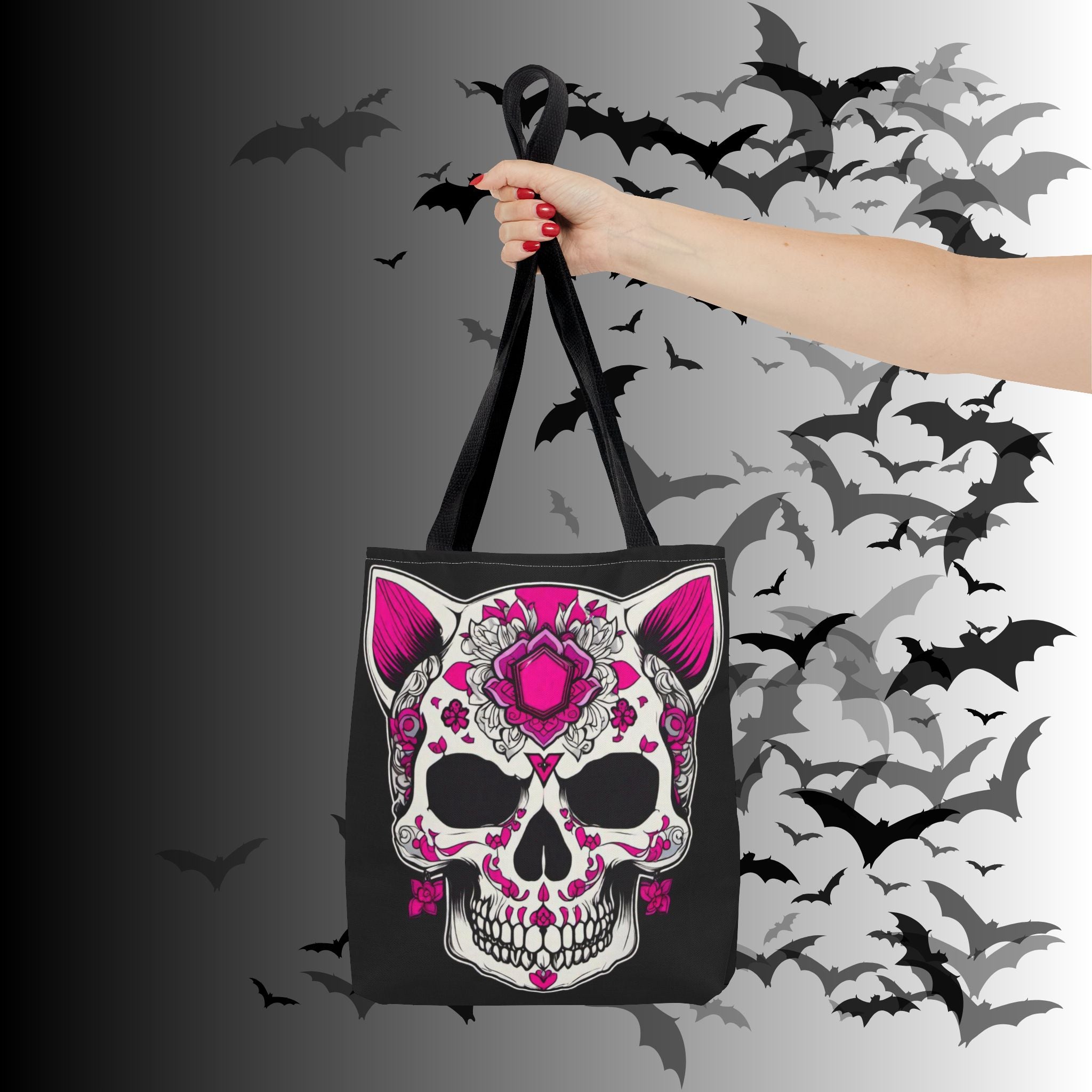 Pink Sugar Skull Cat Tote Bag — Day of the Dead Floral Design