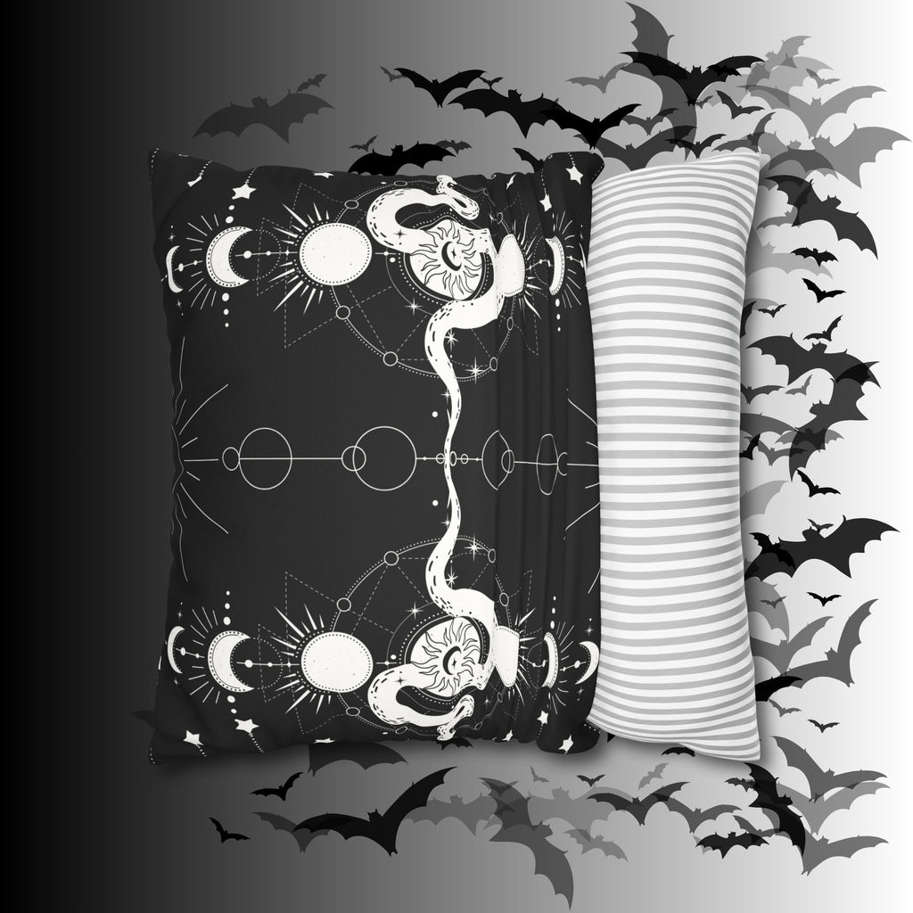 Celestial Snake Moon Phases Throw Pillow — Witchy Gothic Dark Home Decor