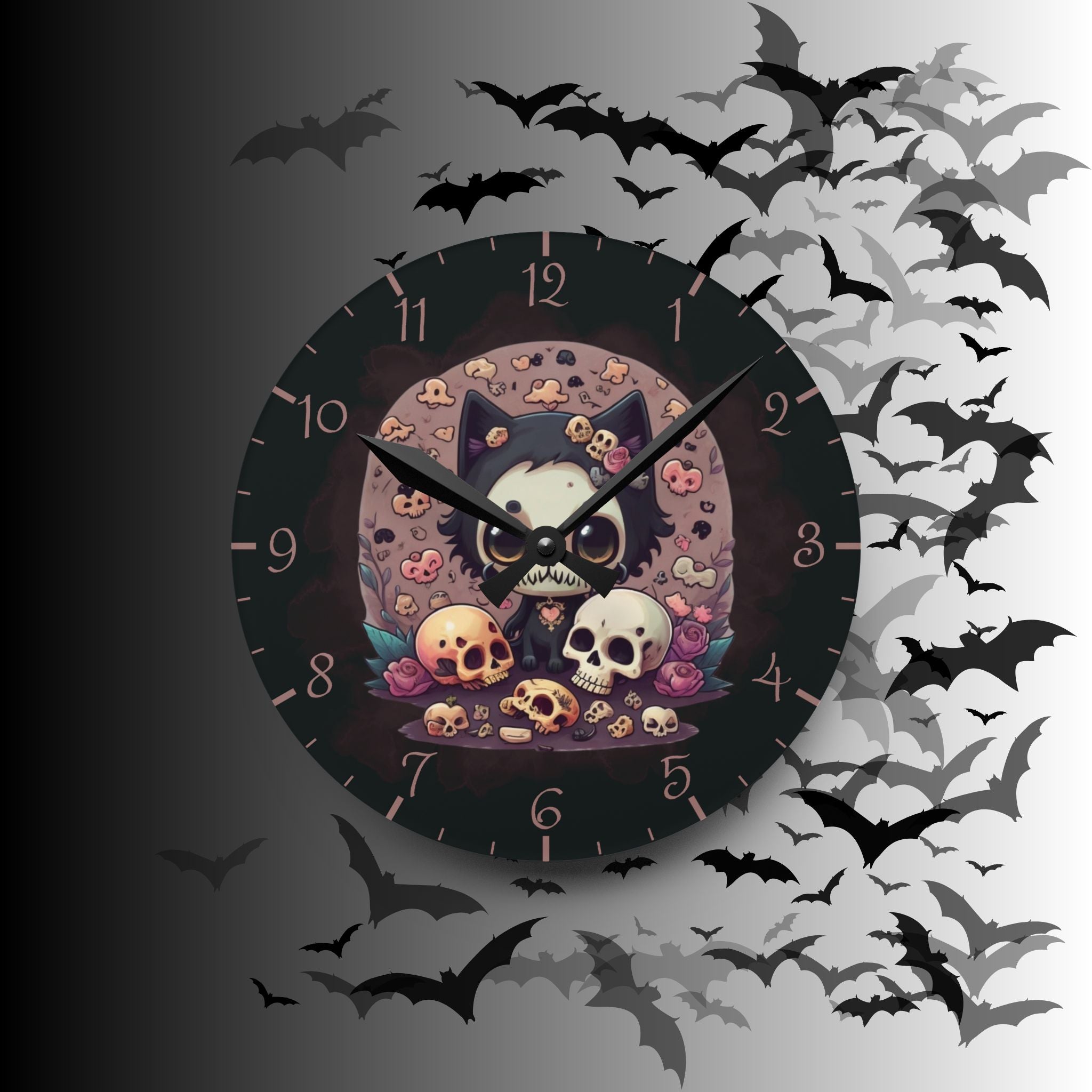 Skull Face Goth Cat Wall Clock — Pastel Goth Acrylic Art Print Home Decor