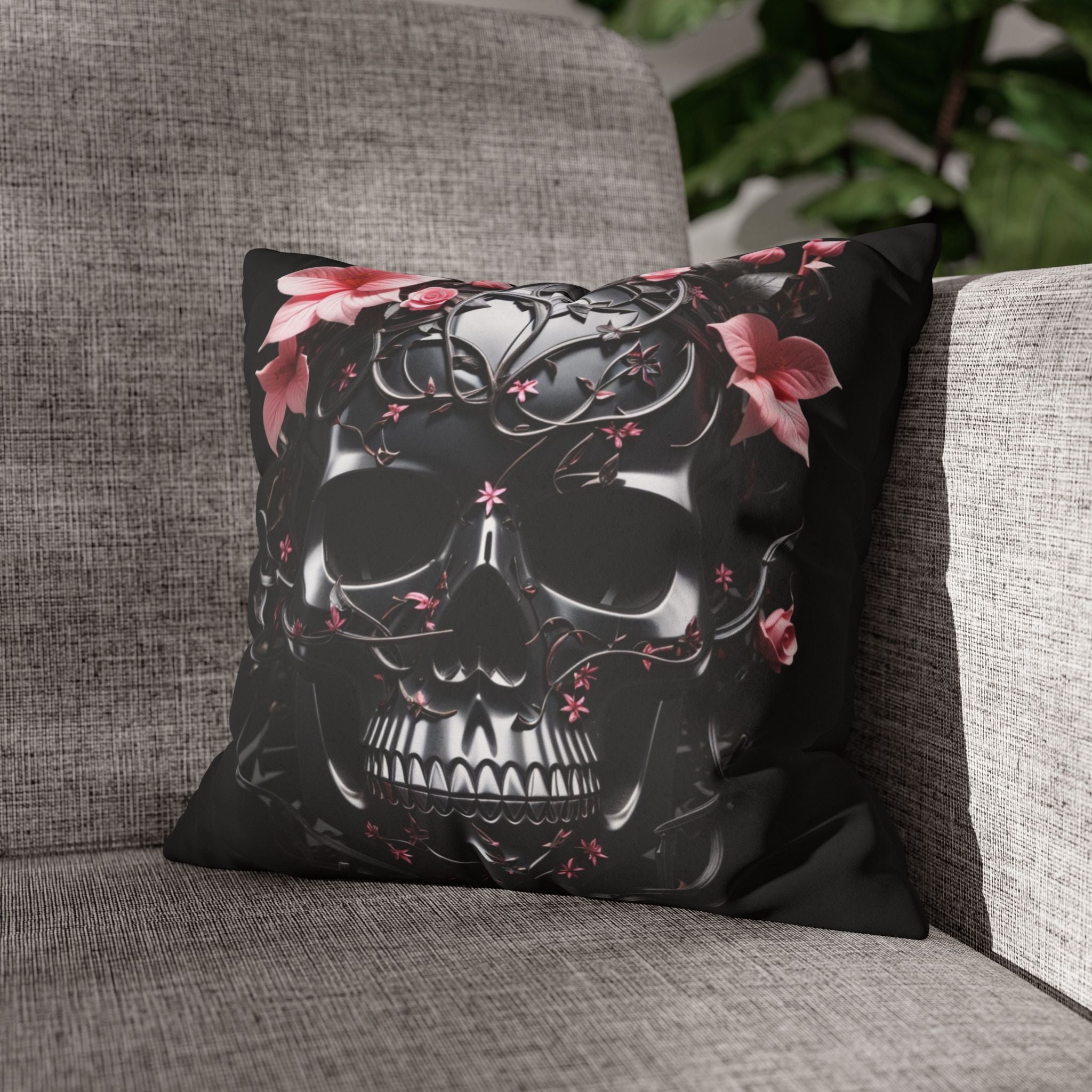 Gothic Botanical Skull Throw Pillow — Dark Floral Pastel Goth Home Decor