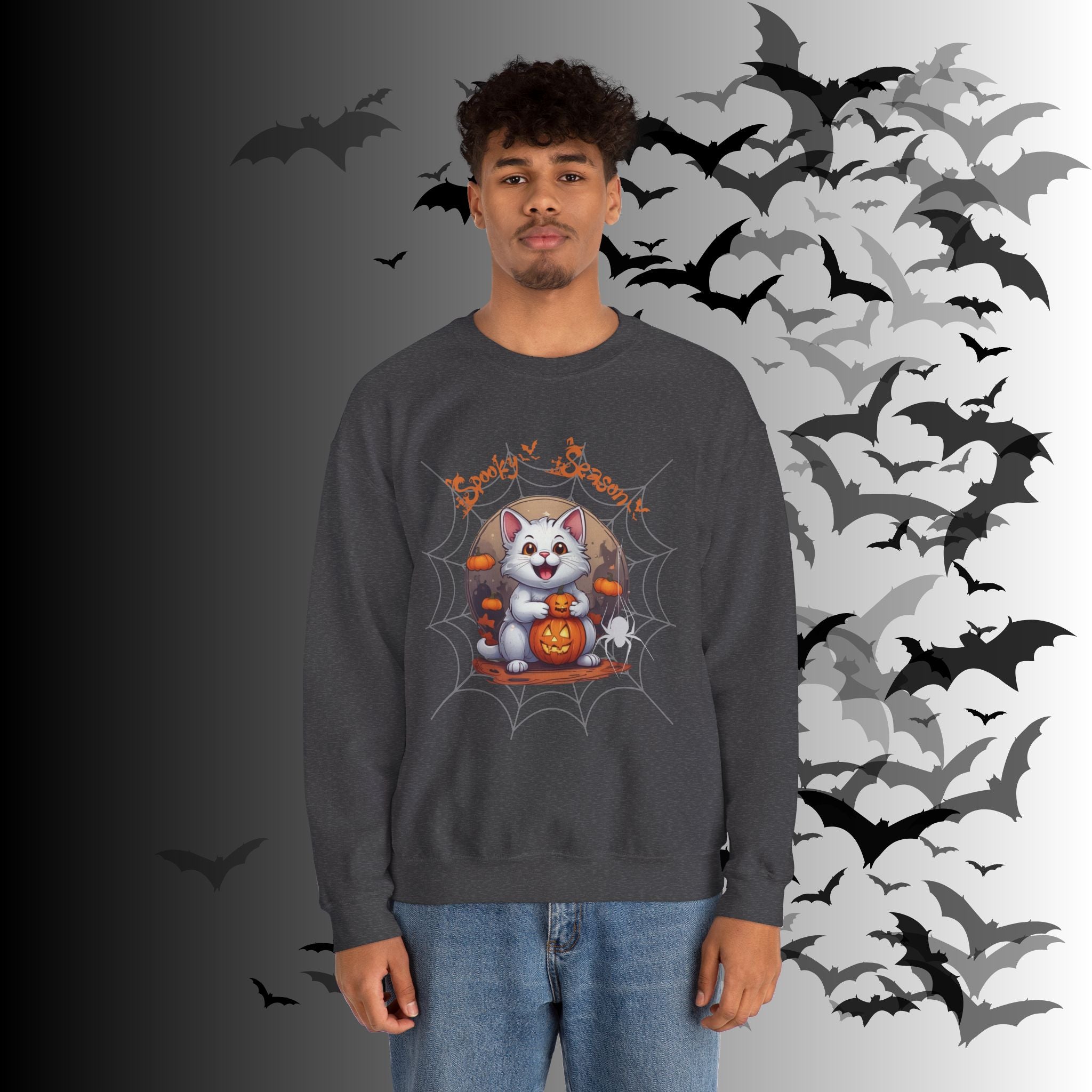 Spooky Season Cat Crewneck Sweatshirt — Kawaii Halloween Pumpkin