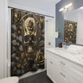 
Gothic shower curtain featuring a 3D metallic gold skull with gold rose on forehead surrounded by grey botanical foliage and gold roses on a black background