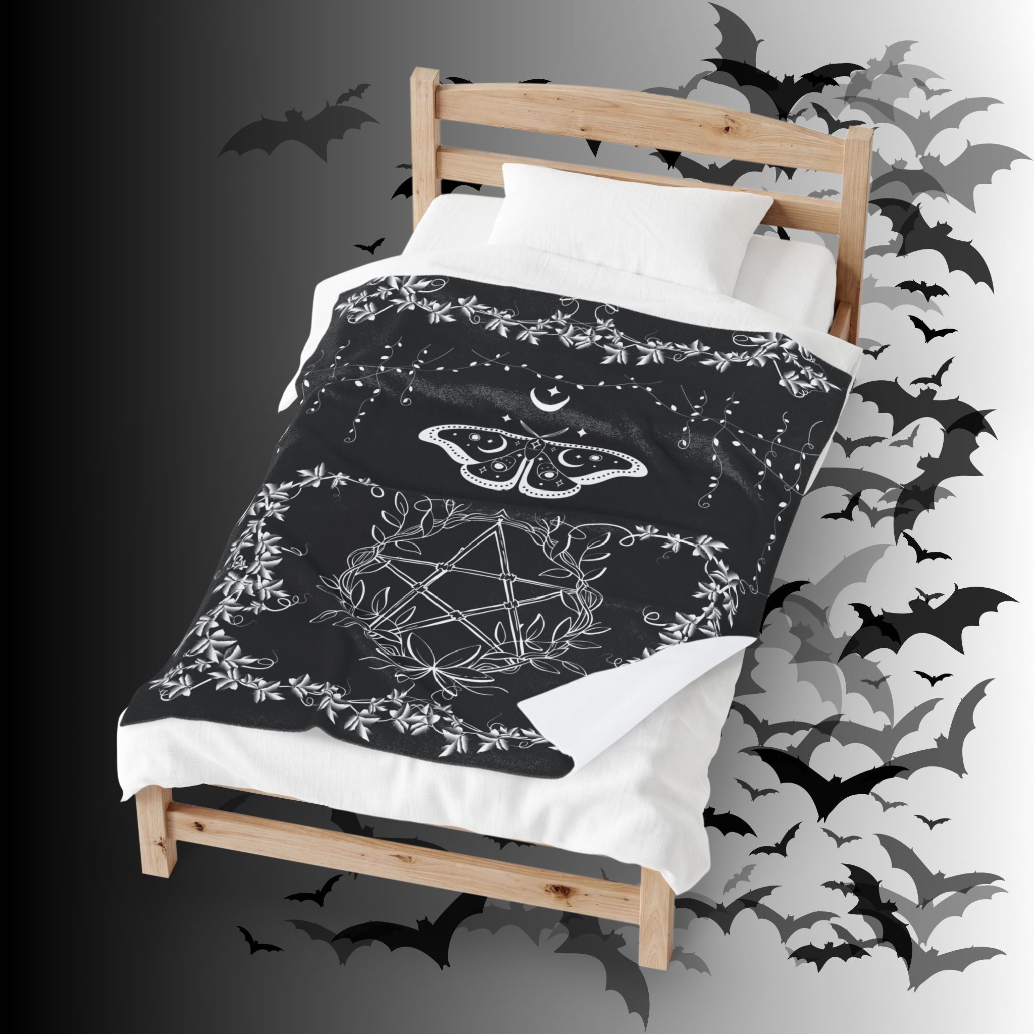 Witchy Luna Moth Pentagram Throw Blanket — Gothic Botanical Home Decor