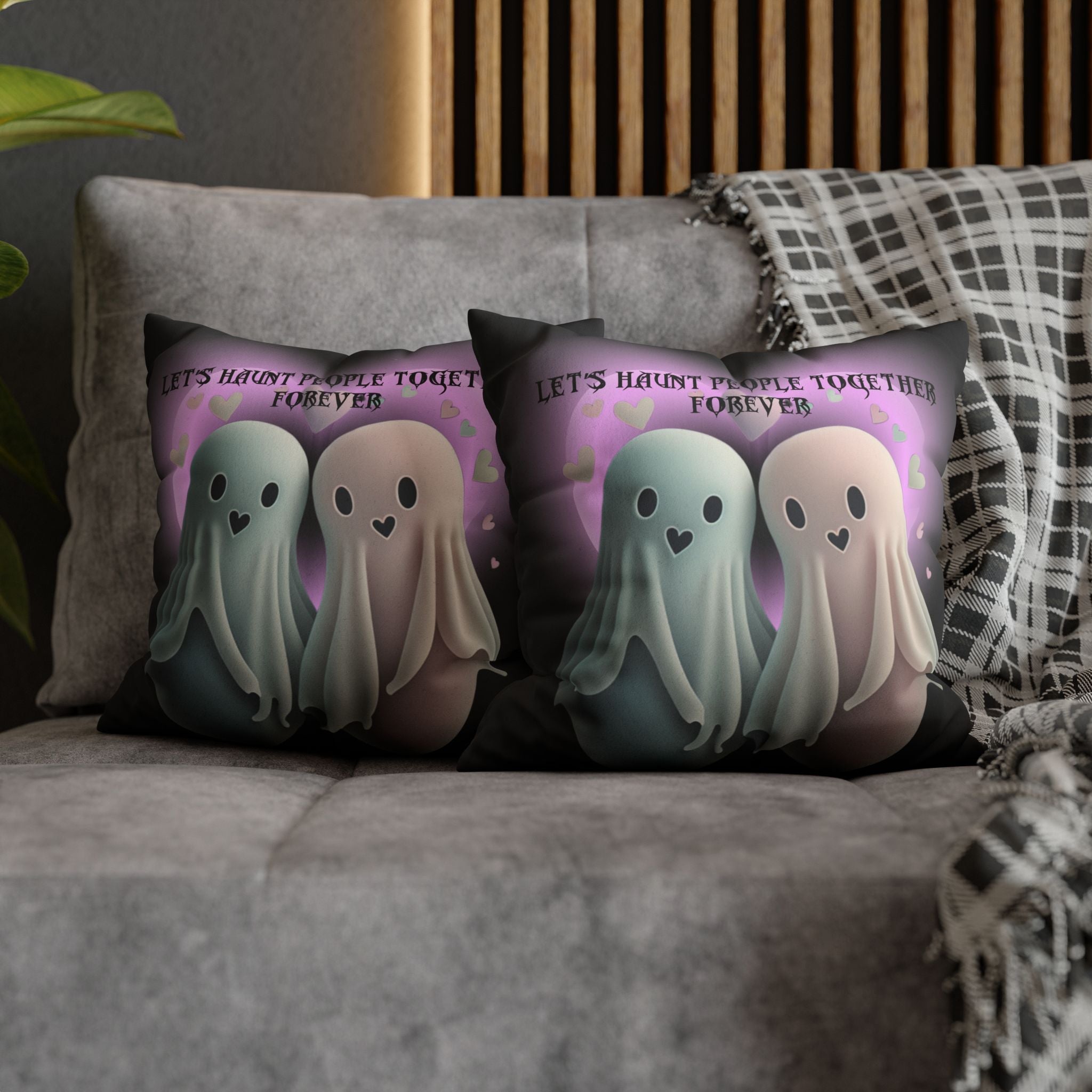 Let's Haunt People Together Forever Ghost Throw Pillow — Gothic Love Halloween Decor