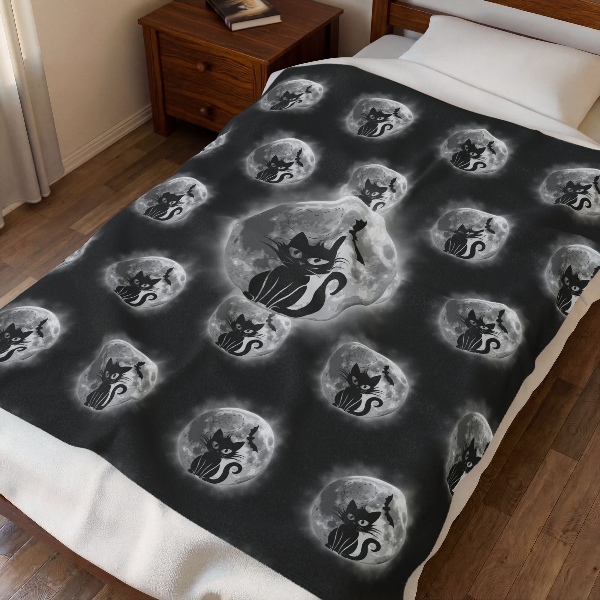 Gothic Black Cat Throw Blanket — Full Moon Bat Dark Home Decor