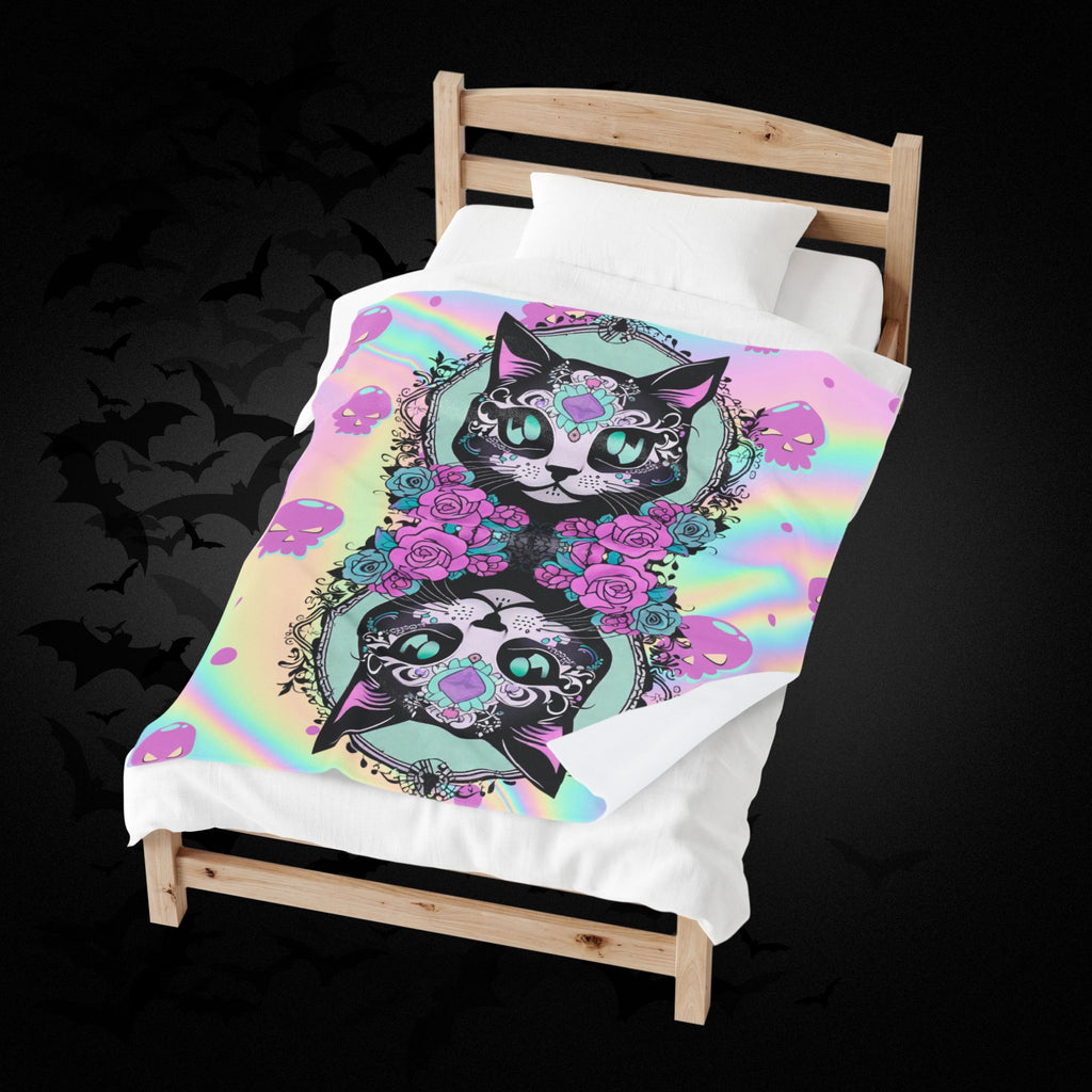 Pastel Goth Sugar Skull Cat Throw Blanket — Floral Gothic Home Decor