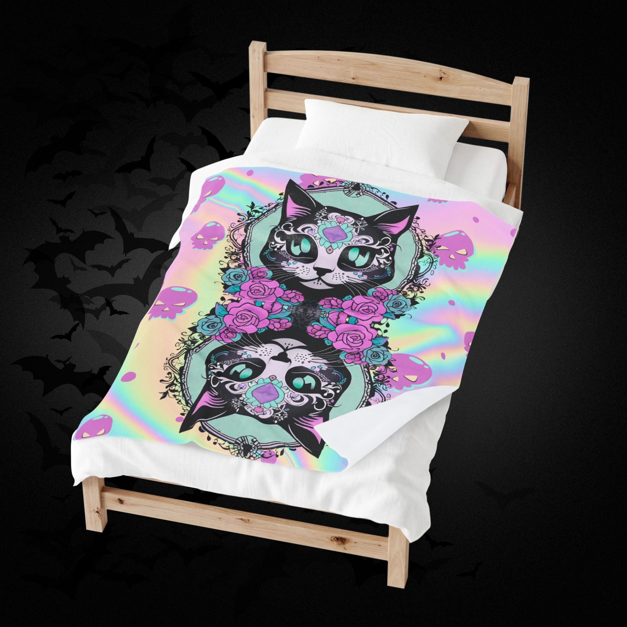Pastel Goth Sugar Skull Cat Throw Blanket — Floral Gothic Home Decor