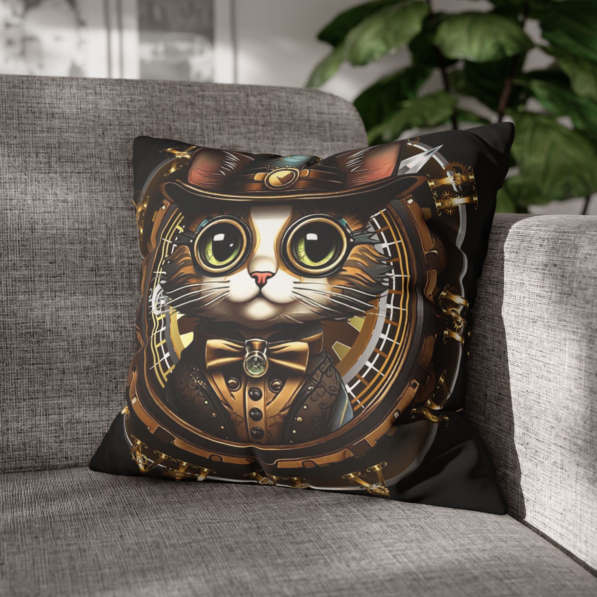 Steampunk Cat Throw Pillow — Vintage Industrial Gothic Home Decor