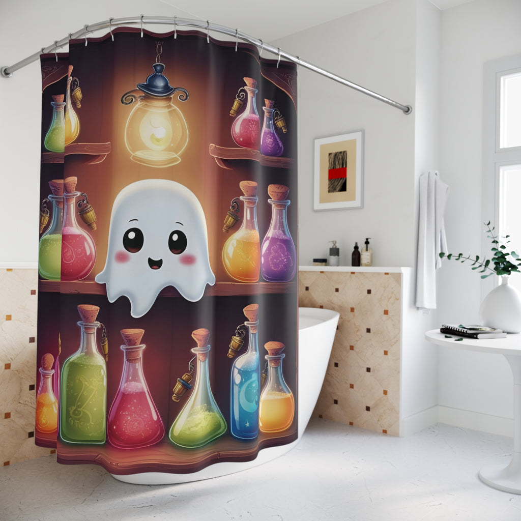 Apothecary Ghost Shower Curtain — Whimsigoth Potion Shelf Bathroom Decor
