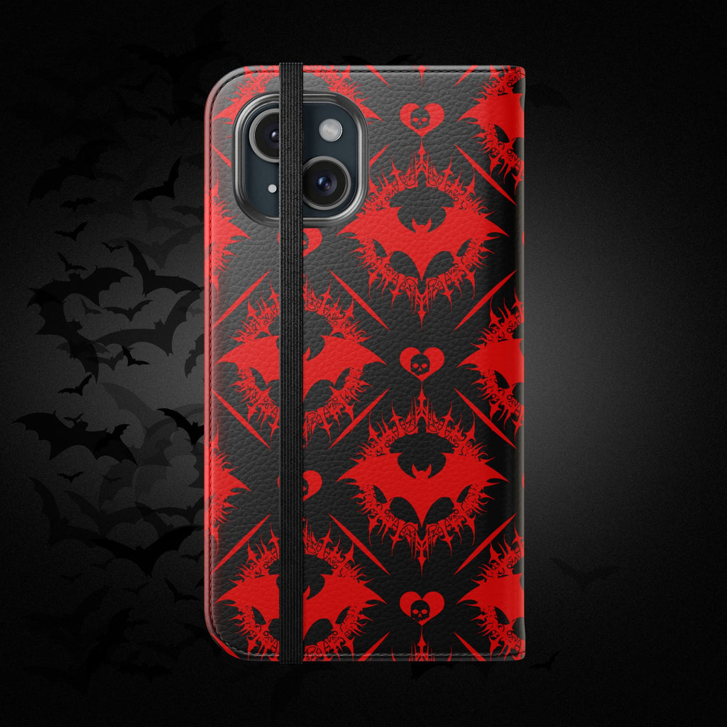 Gothic Bat Wallet Flip Case - Elegant Goth Phone Wallet - Bat Pattern Flip Case - Gothic Phone Case - Stylish Wallet Phone Case