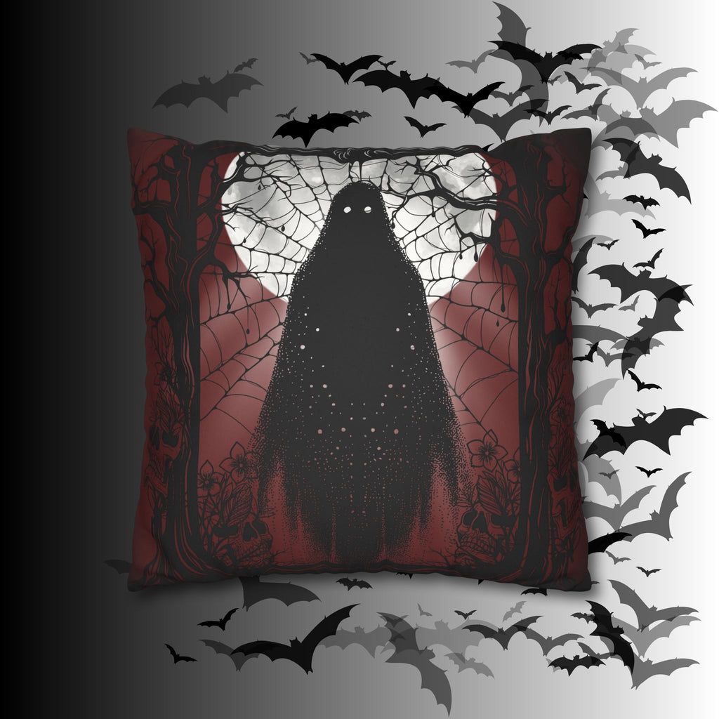 Gothic Ghost Cobweb Moon Throw Pillow — Spooky Halloween Dark Home Decor
