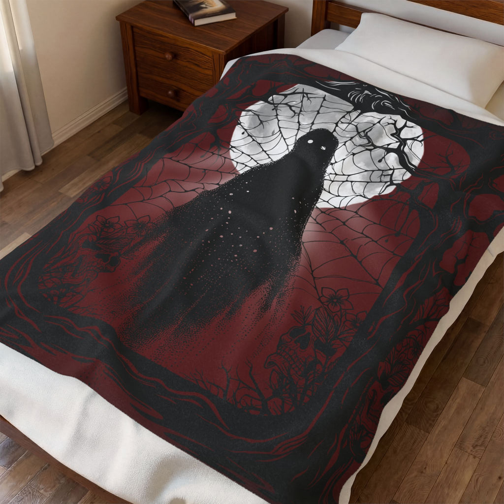 Gothic Ghost Spider Web Throw Blanket — Dark Halloween Home Decor