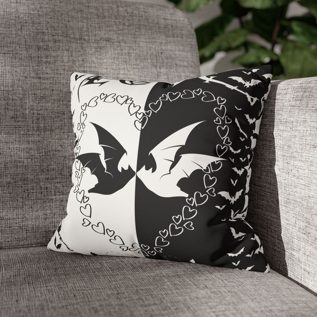Gothic Bats Heart Throw Pillow — Black White Halloween Dark Home Decor