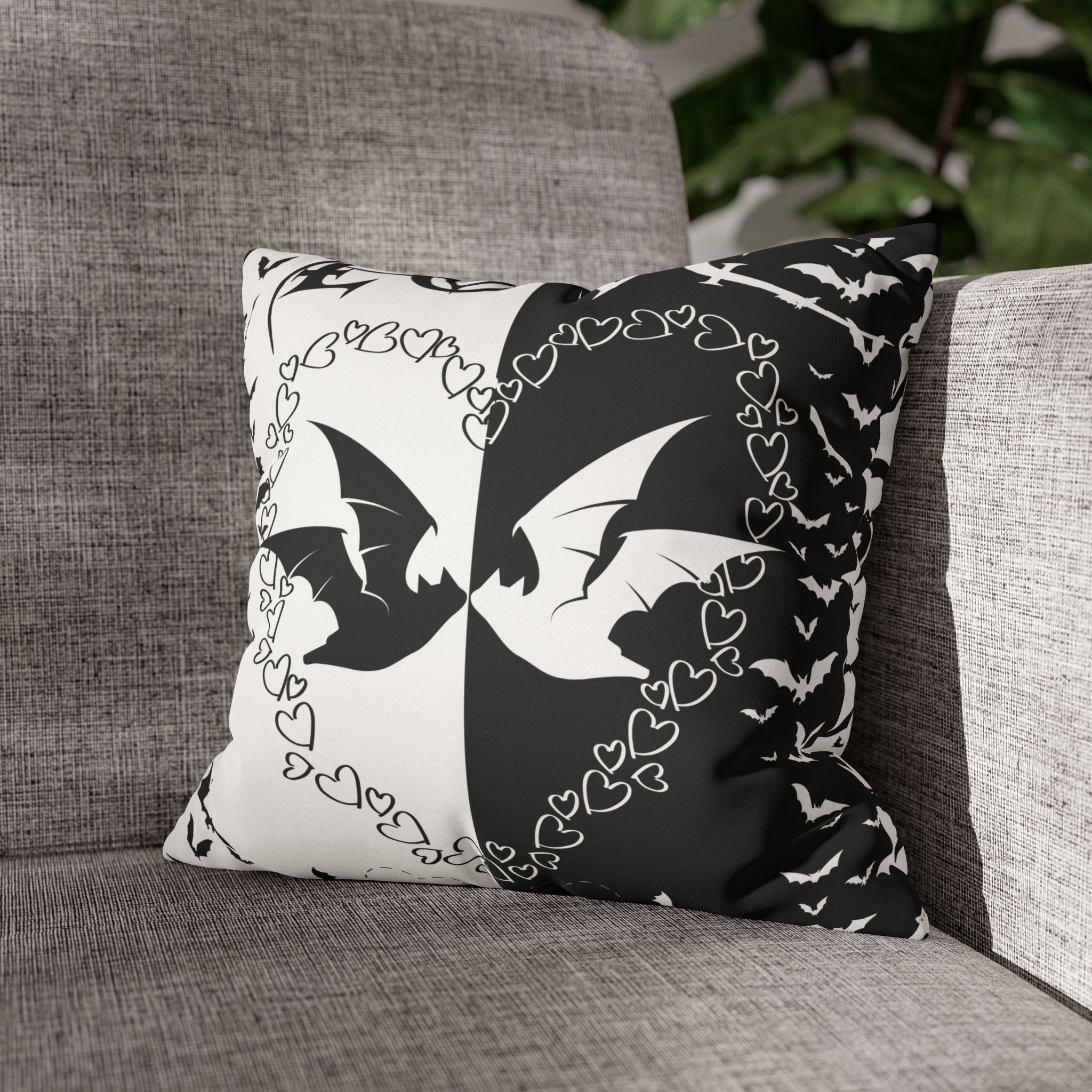 Gothic Bats Heart Throw Pillow — Black White Halloween Dark Home Decor