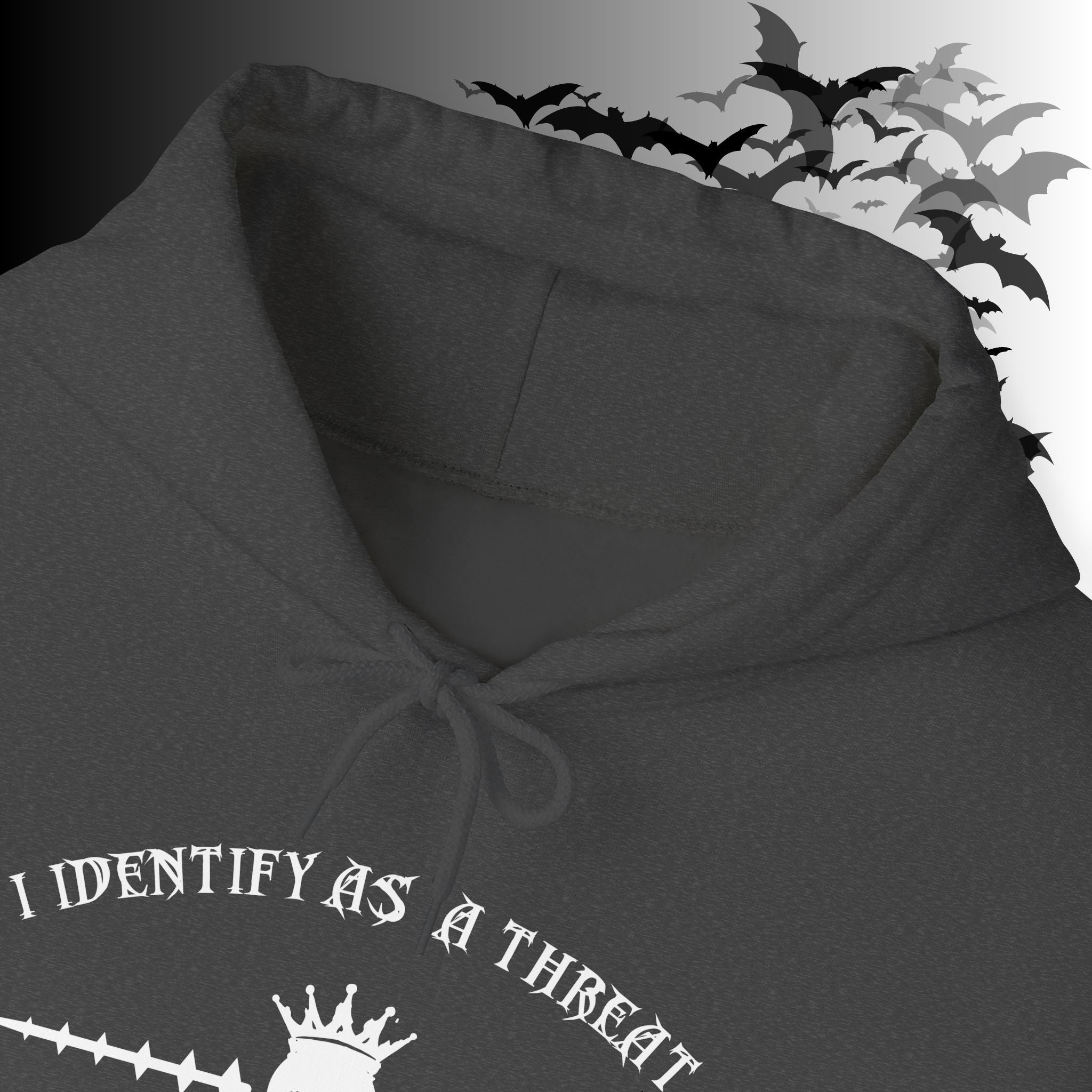 I Identify As a Threat Hoodie — Gothic Skull Sleeve Print FAFO Black