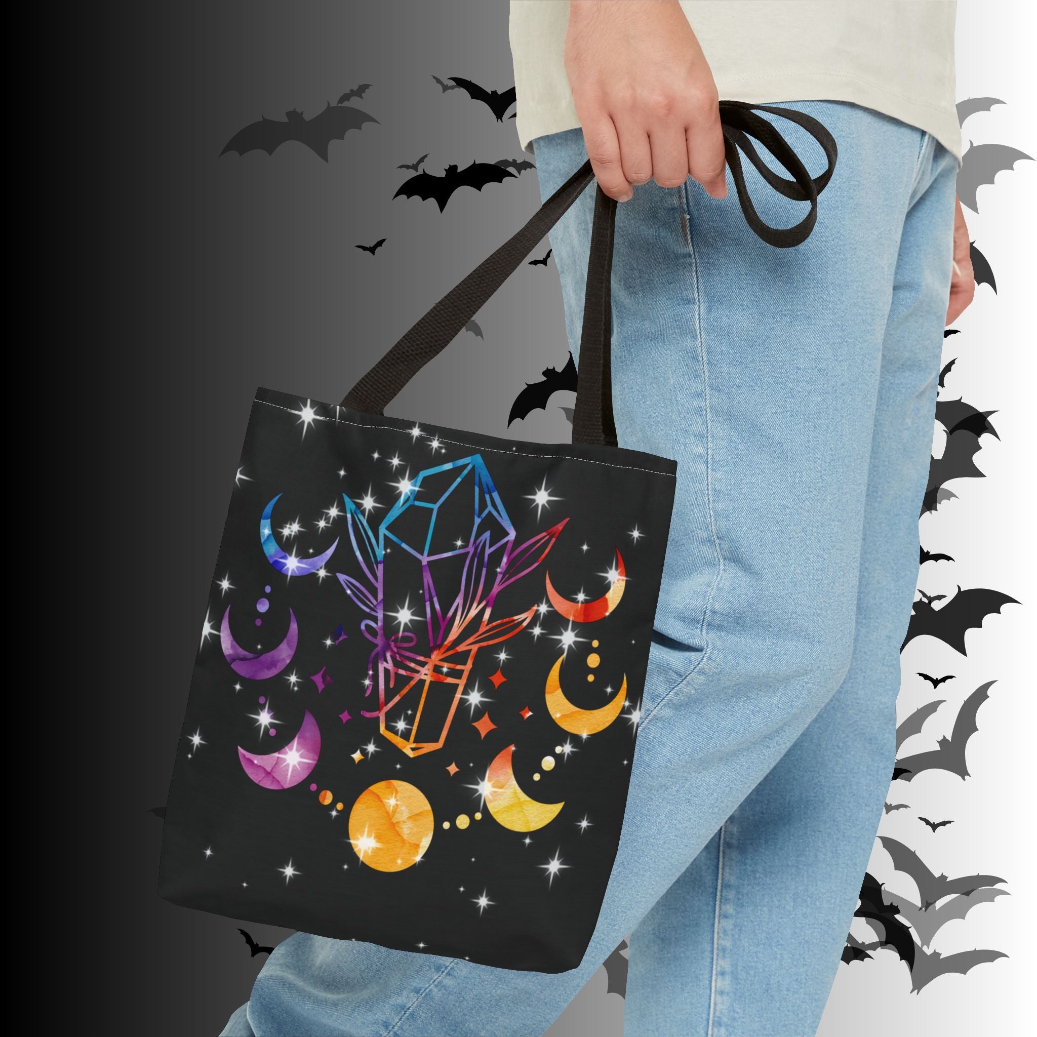 Rainbow Crystal Moon Phase Tote Bag — Celestial Witchy Print