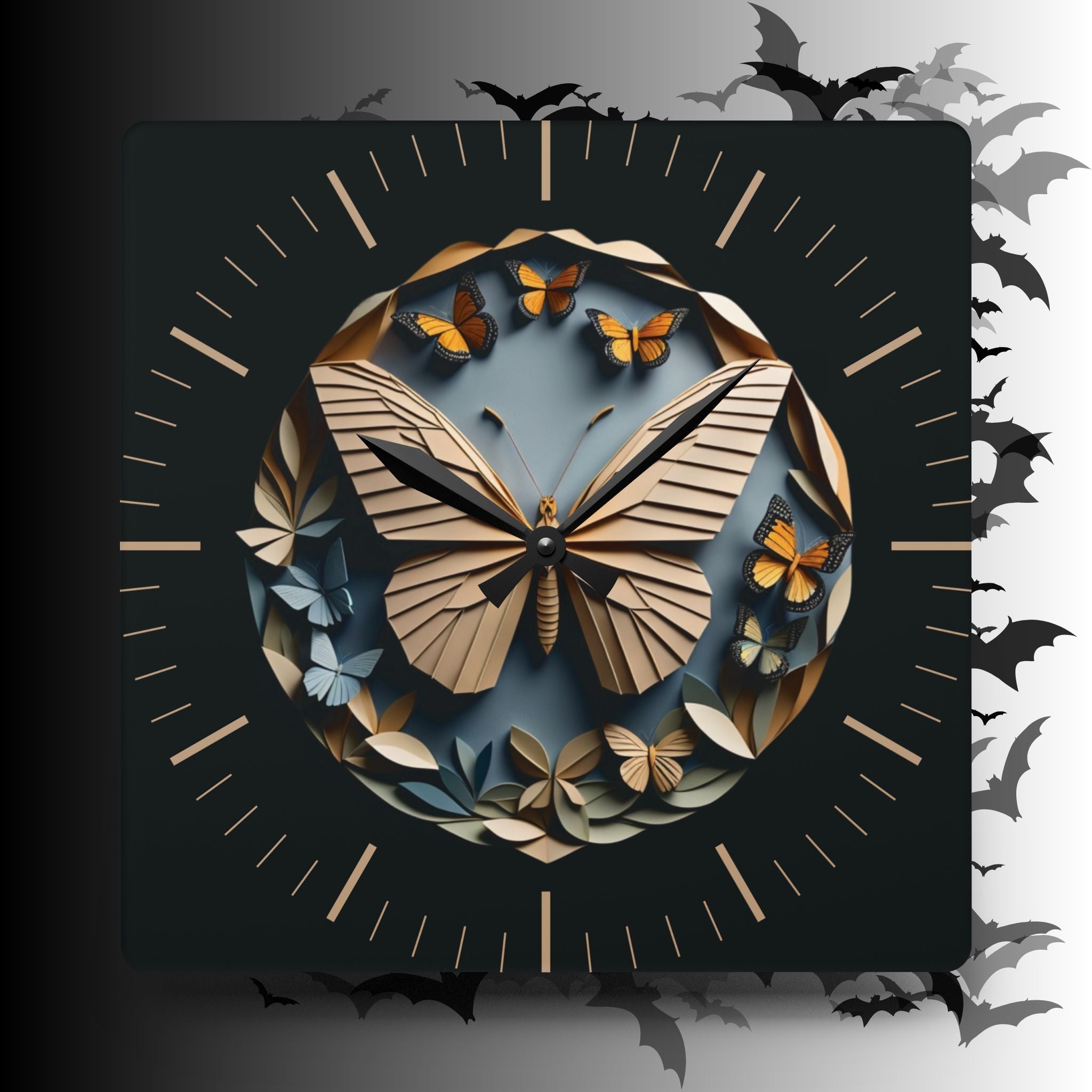 Origami Style Butterfly Acrylic Art Print Wall Clock — NOT Real Origami, Modern Zen Home Decor