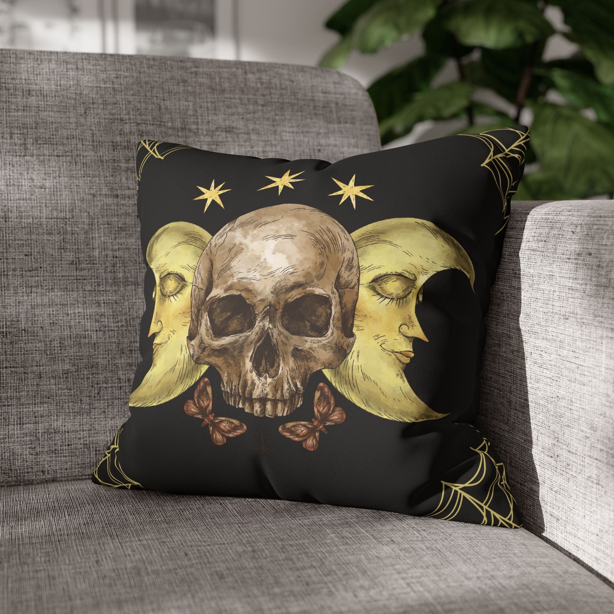 Gothic Moon Skull Throw Pillow — Celestial Dark Home Decor