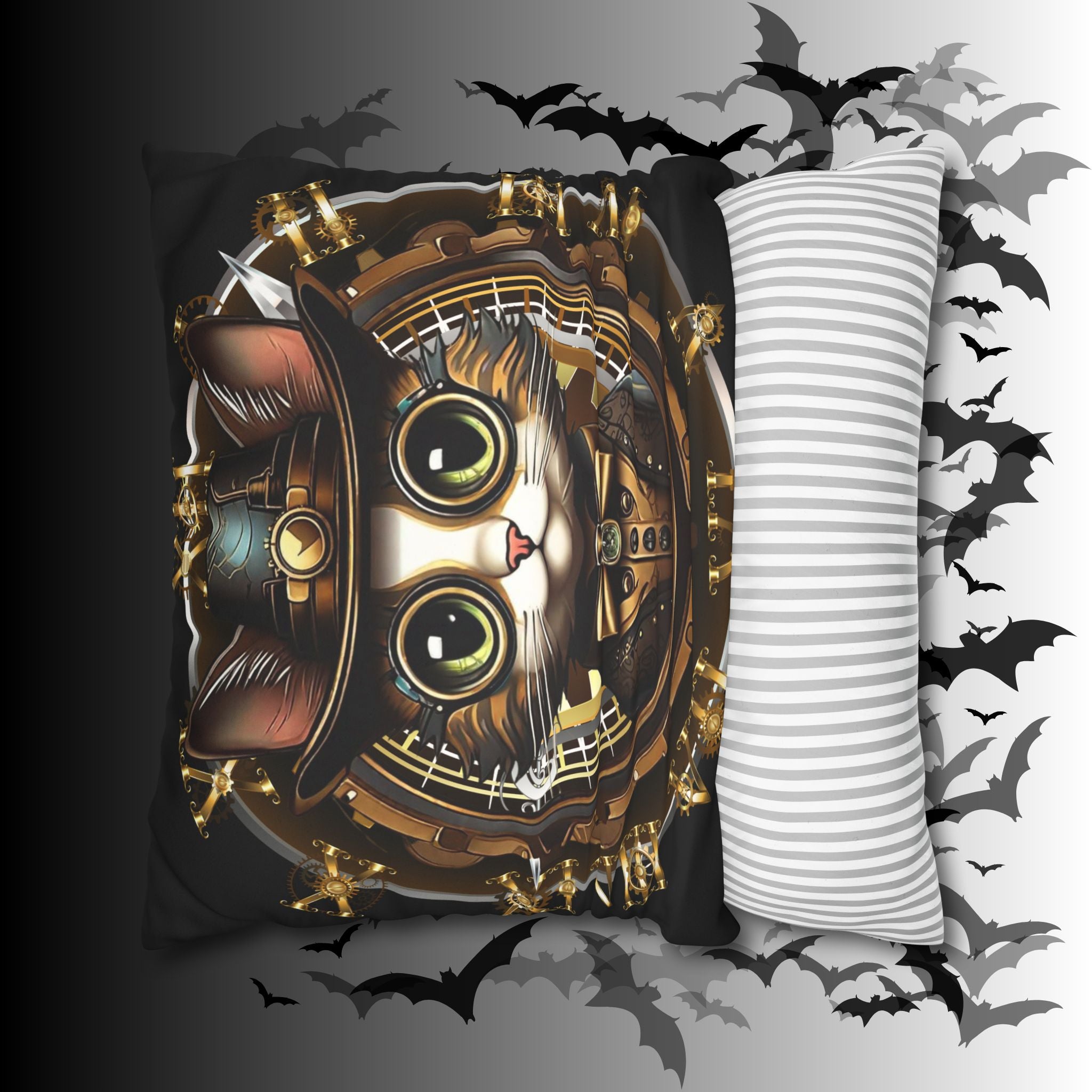 Steampunk Cat Throw Pillow — Vintage Industrial Gothic Home Decor