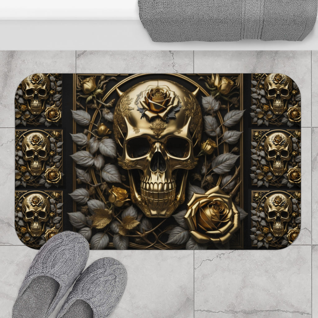 Gothic bath mat featuring a 3D metallic gold skull with gold rose on forehead surrounded by grey botanical foliage and gold roses on a black background