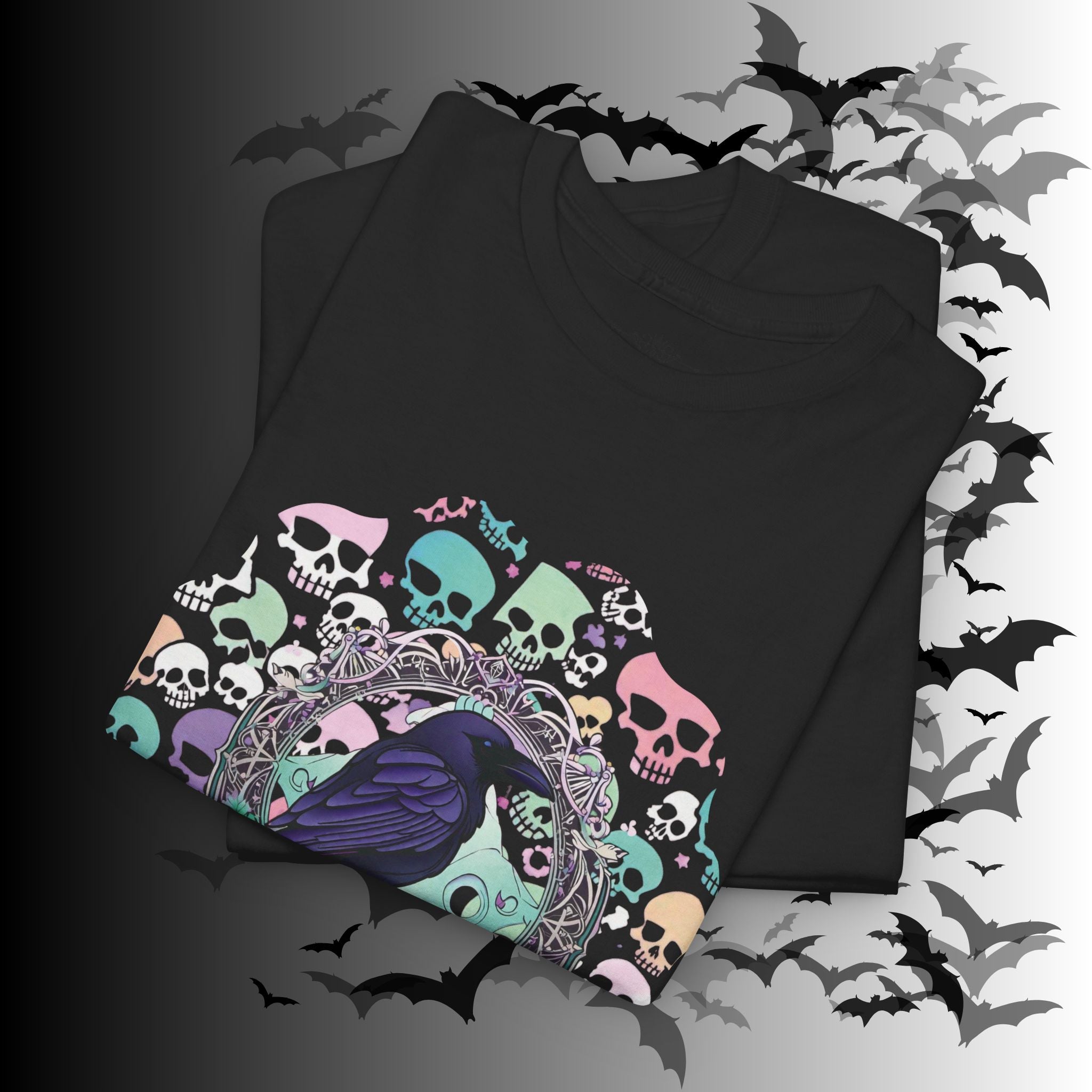 Pastel Goth Raven & Skull Mandala T-Shirt — Gothic Corvid Tee