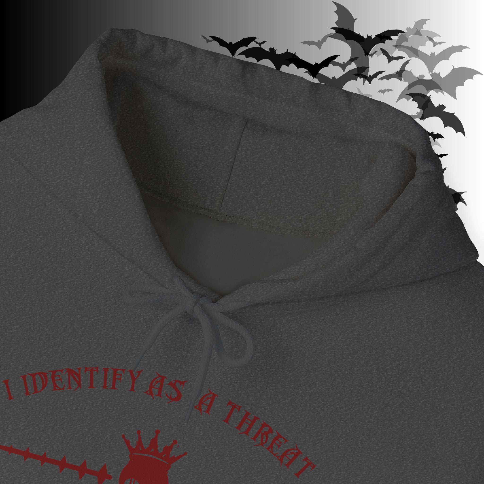 I Identify As a Threat Hoodie — Gothic Skull Sleeve Print Fuck Around Find Out