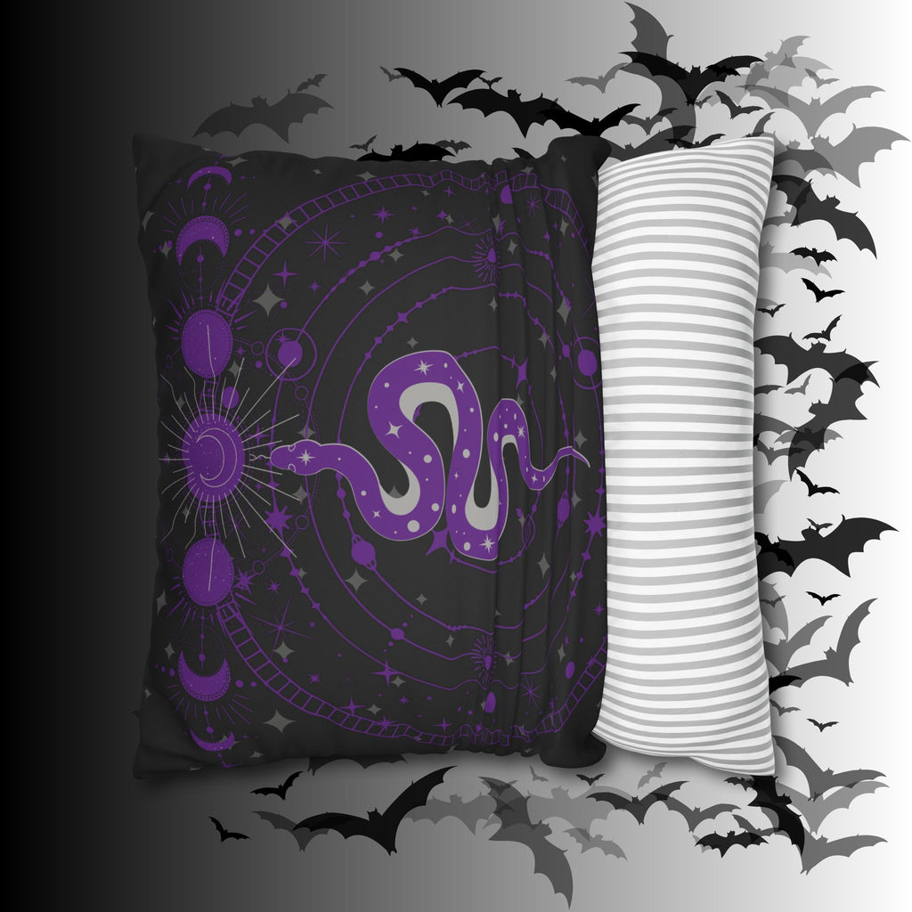 Purple Celestial Snake Moon Phases Throw Pillow — Witchy Gothic Dark Home Decor