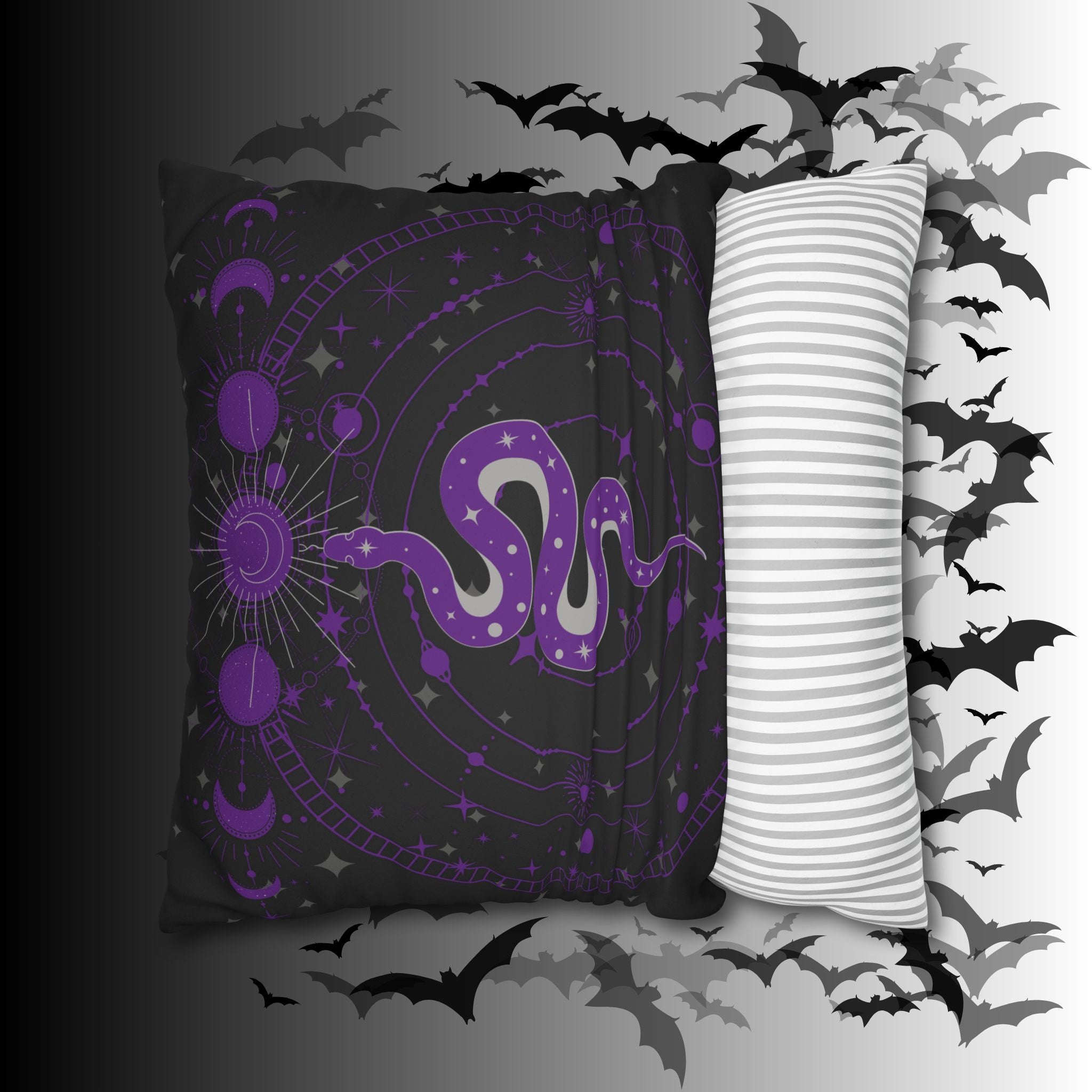 Purple Celestial Snake Moon Phases Throw Pillow — Witchy Gothic Dark Home Decor