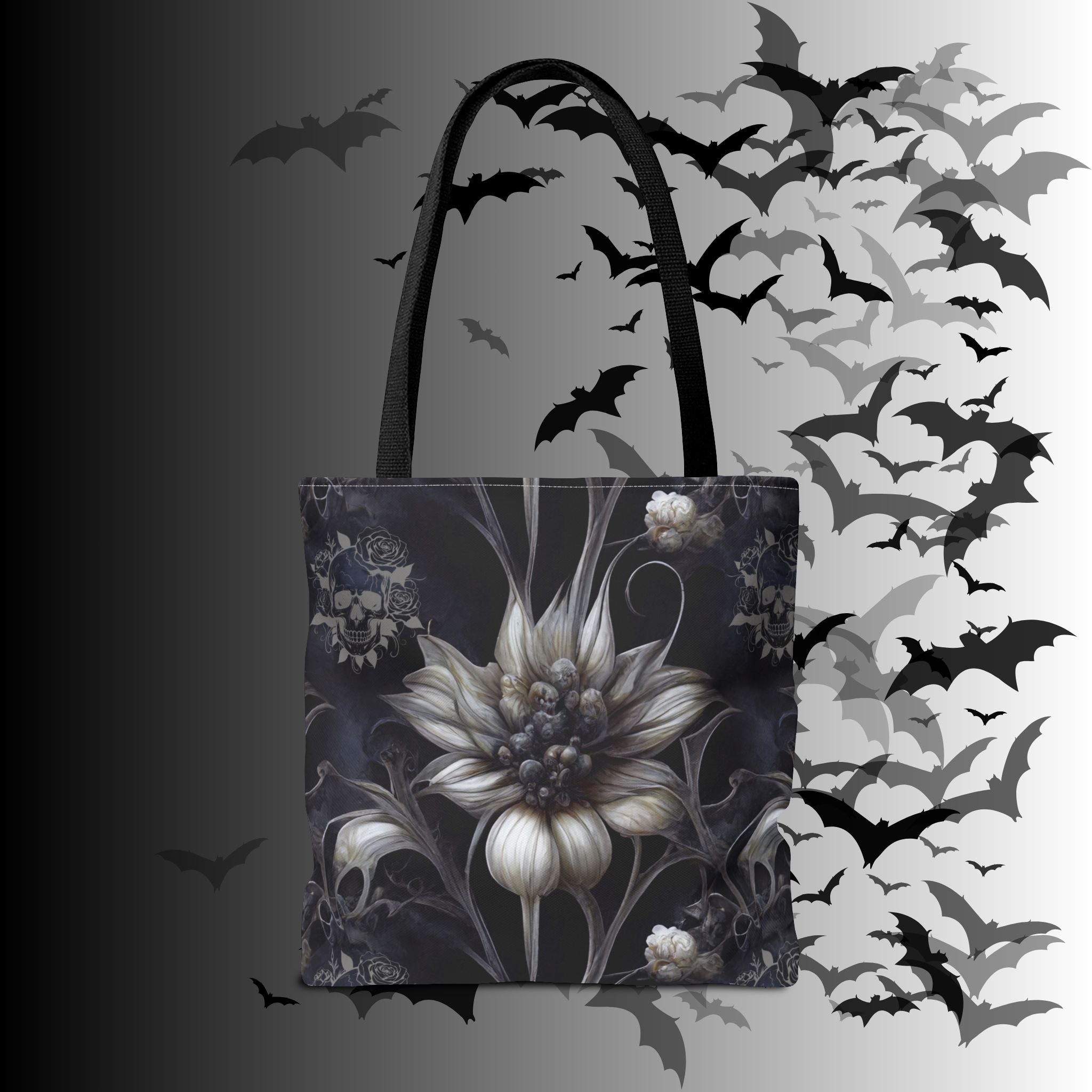 Gothic Botanical Skull Tote Bag — Dark Floral All-Over Print