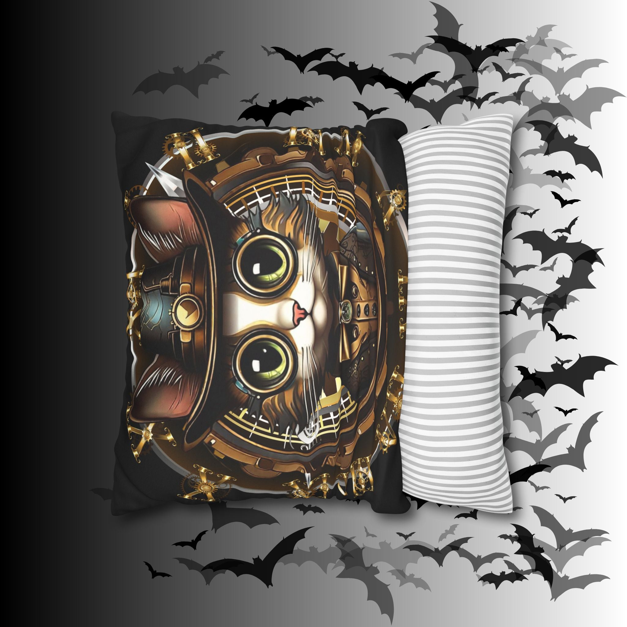 Steampunk Cat Throw Pillow — Vintage Industrial Gothic Home Decor