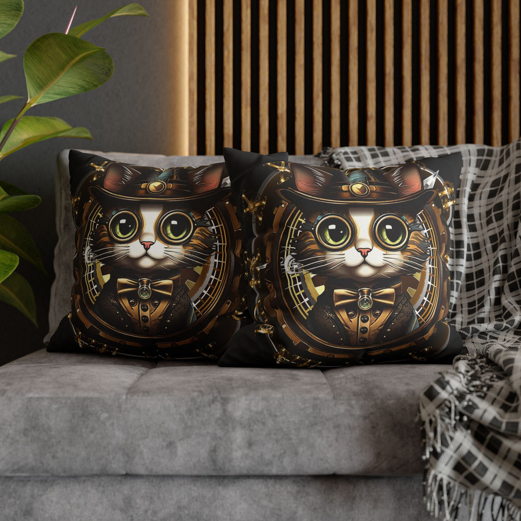 Two square throw pillows on a grey sofa featuring a wide-eyed tabby cat with large green goggle eyes, a brown leather top hat with brass fittings, a gem-centered gold bow tie, and an ornate waistcoat framed by brass gears and golden clockwork rings on a deep black background