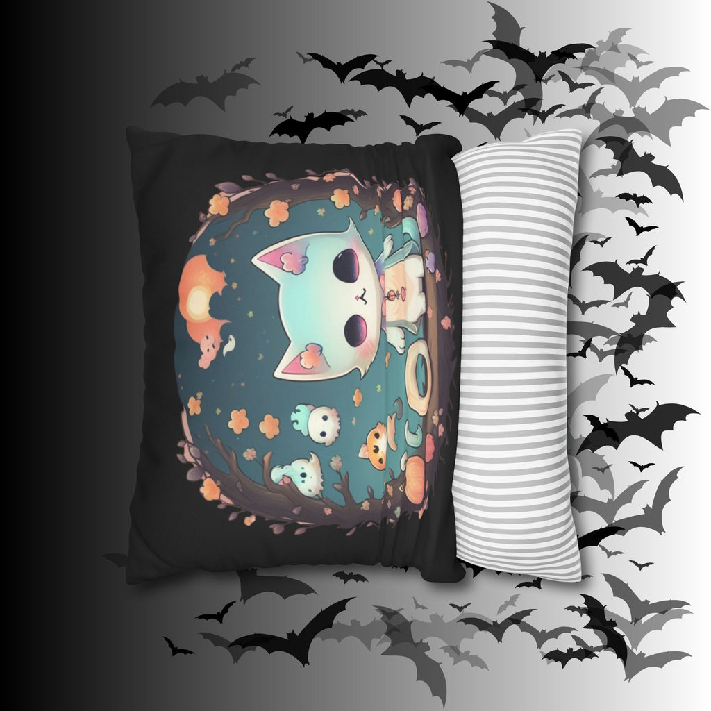 Creepy Cute Pastel Goth Cat Throw Pillow — Kawaii Halloween Dark Home Decor