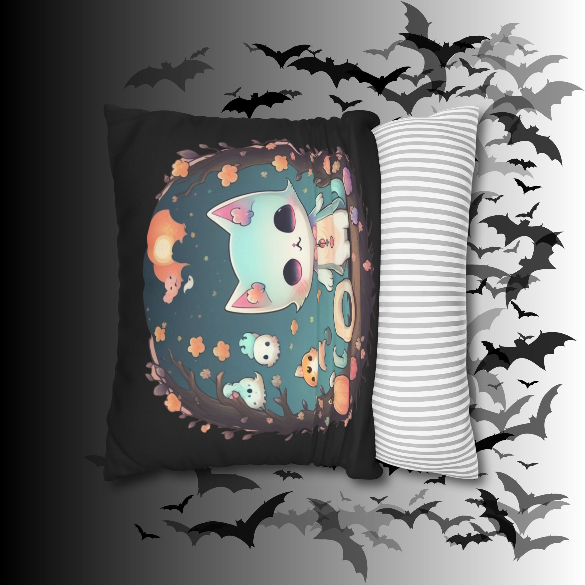 Creepy Cute Pastel Goth Cat Throw Pillow — Kawaii Halloween Dark Home Decor