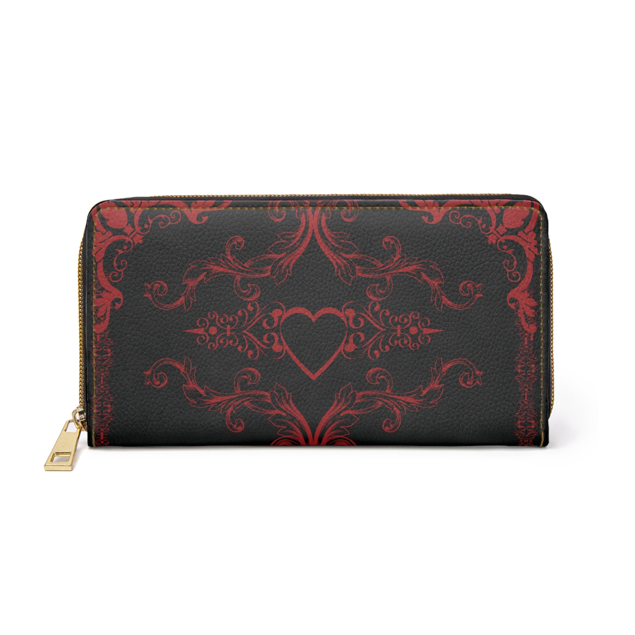 Gothic Dark Romance Heart Wallet | Red Floral Scrollwork Faux Leather Zipper Clutch