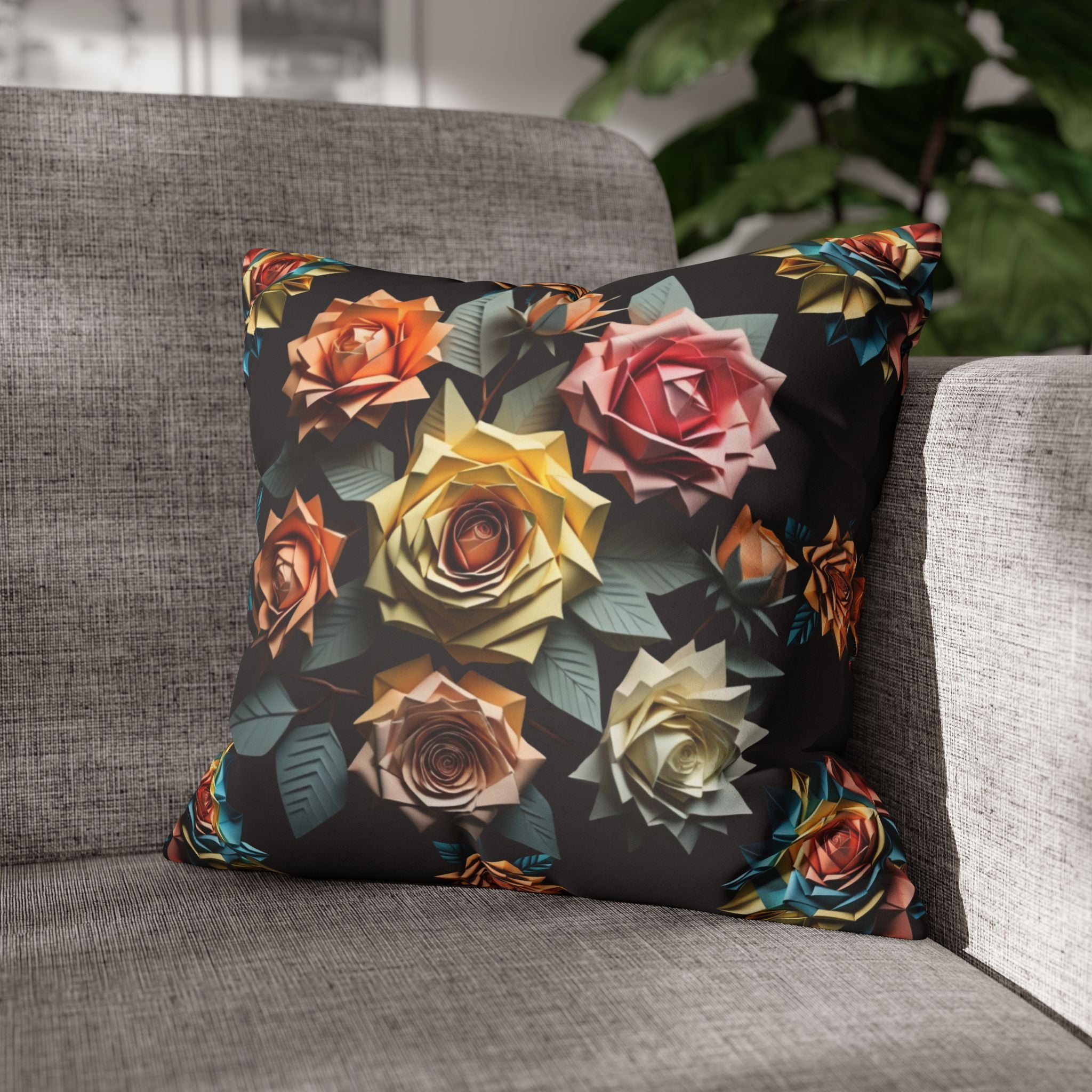 Gothic Origami Rose Throw Pillow — Dark Floral Botanical Home Decor