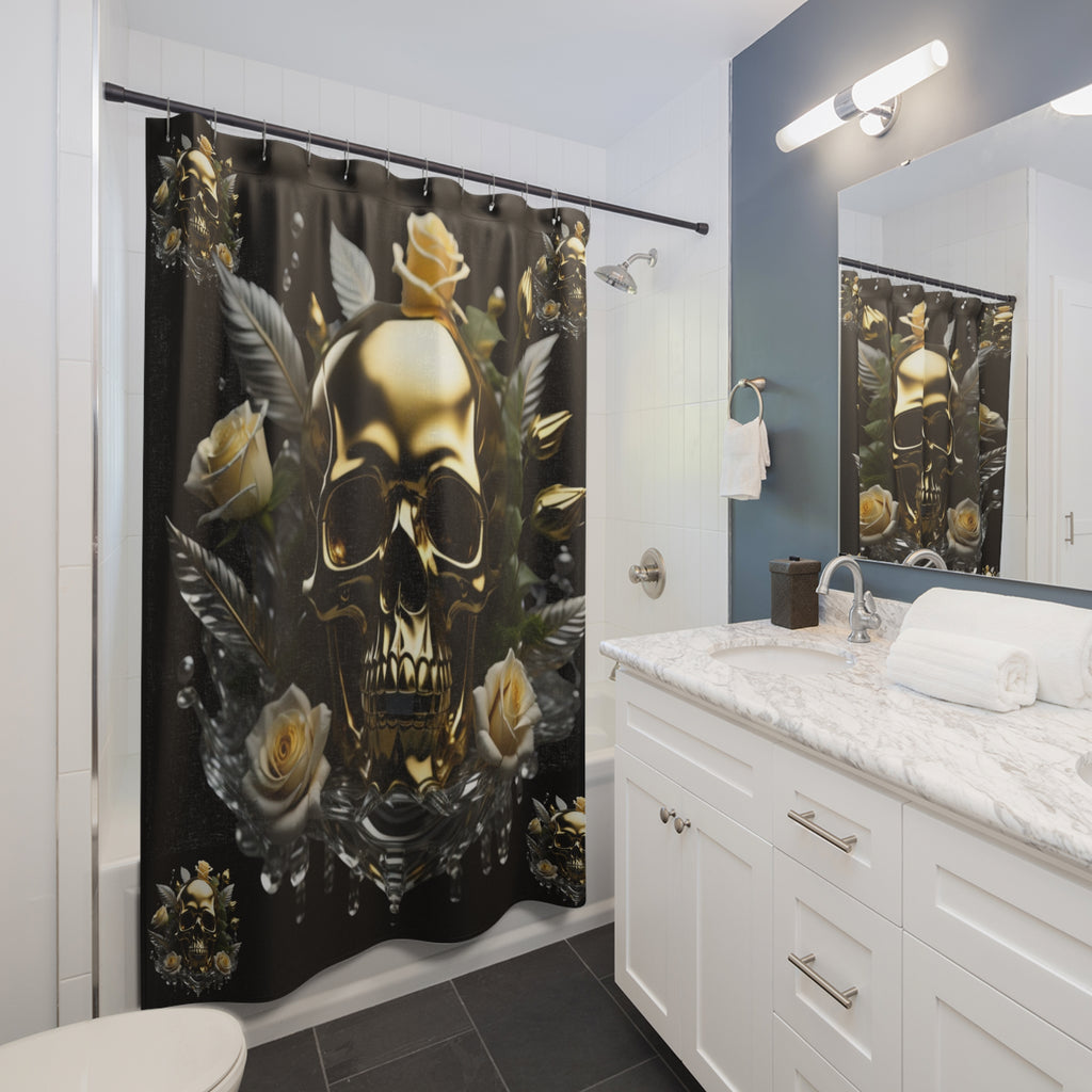 Gothic shower curtain featuring a polished gold skull with cream roses, silver crystal botanical elements, and water droplet details on a black background