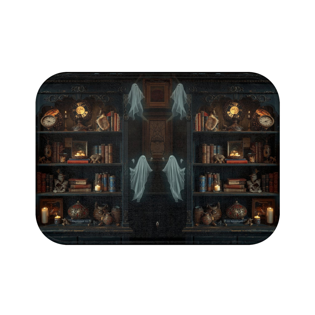Whimsigoth Ghost Bookcase Bath Mat — Dark Academia Gothic Library Bathroom Decor