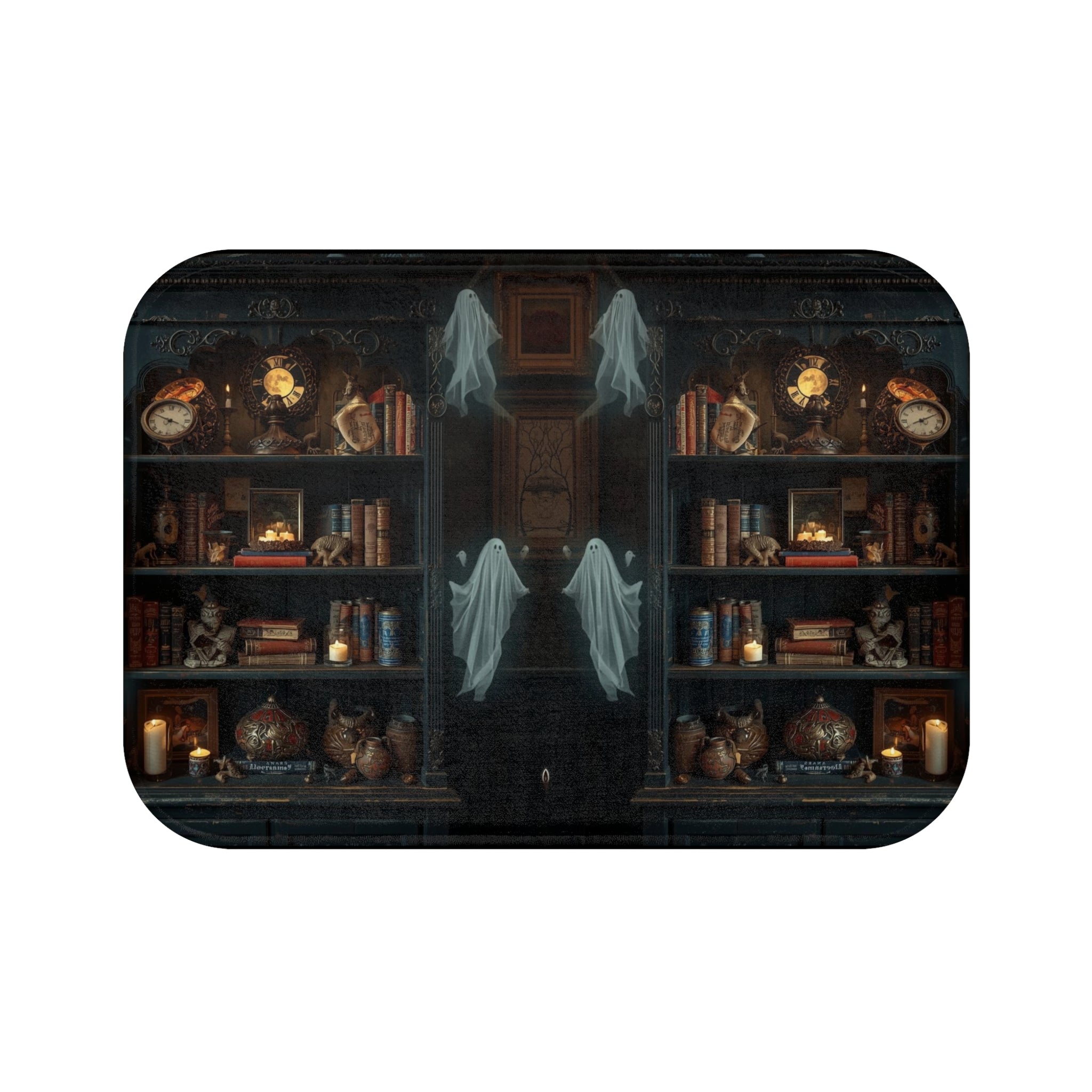 Whimsigoth Ghost Bookcase Bath Mat — Dark Academia Gothic Library Bathroom Decor