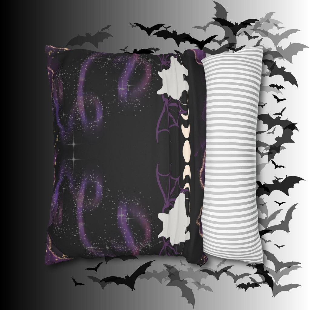 Gothic Bat Wing Cat Moon Phases Throw Pillow — Purple Celestial Dark Home Decor