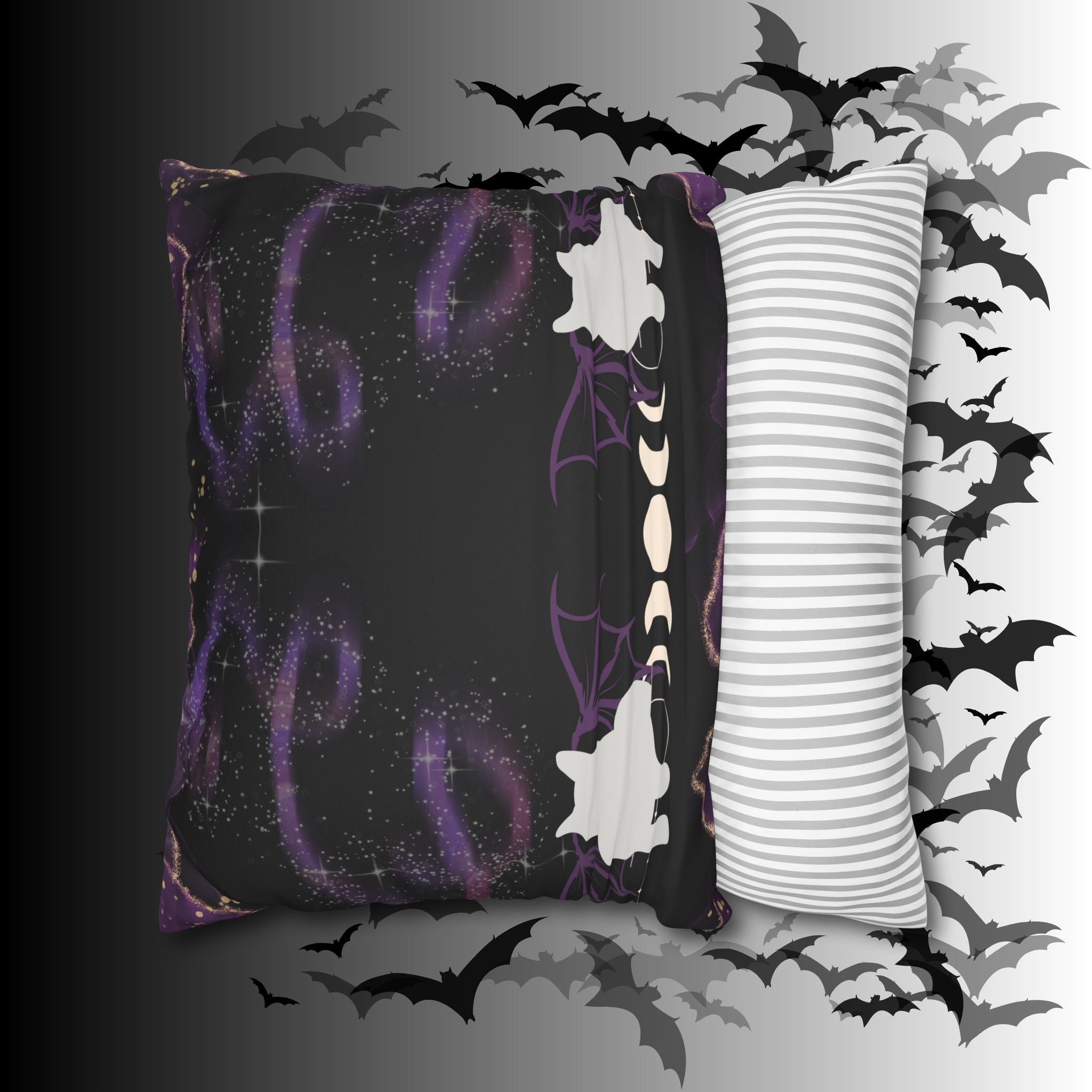 Gothic Bat Wing Cat Moon Phases Throw Pillow — Purple Celestial Dark Home Decor