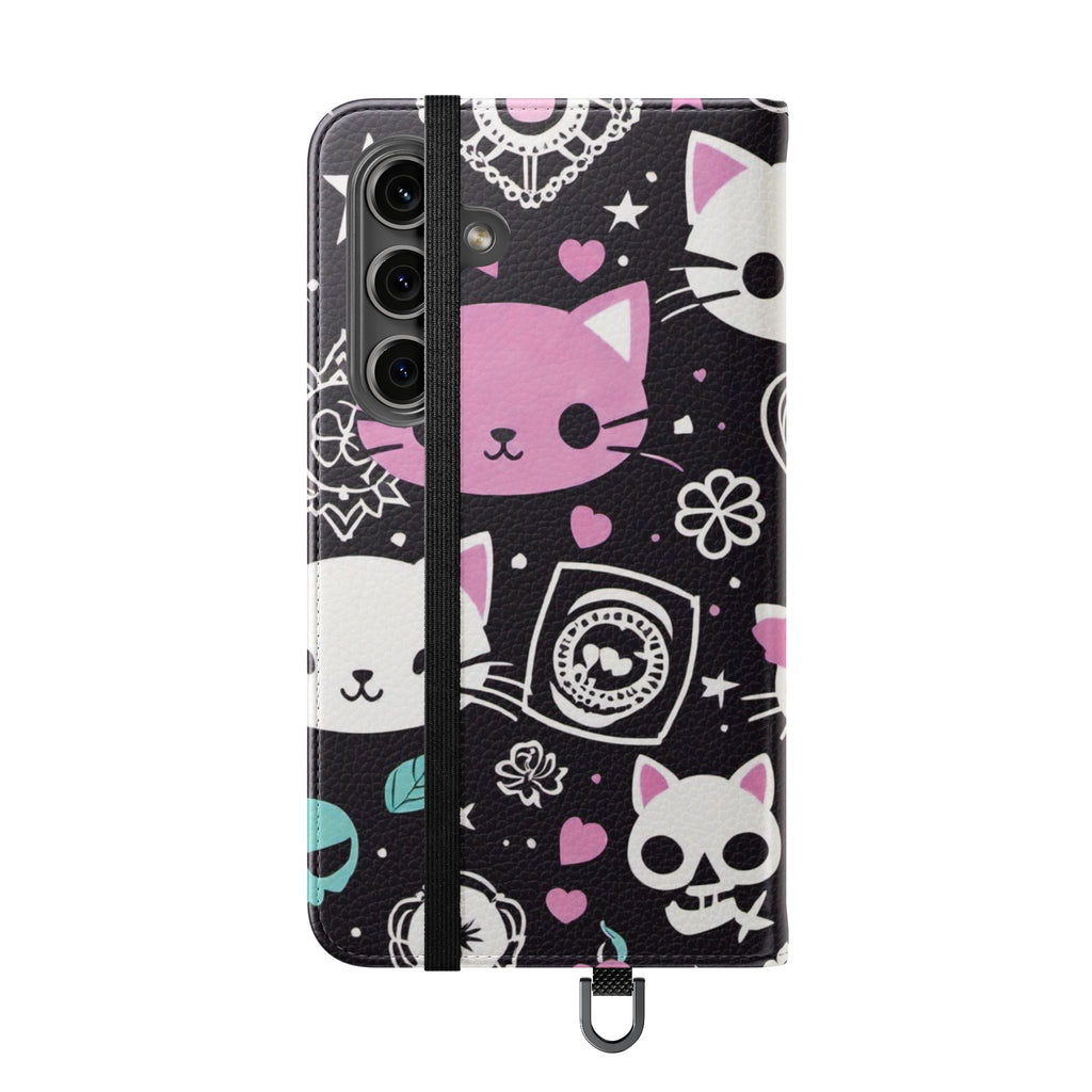 Pastel Goth Cat Flip Wallet Phone Case - Goth Cat Wallet Case for Samsung iPhone - Gothic Style Cats Wallet Phone Cases