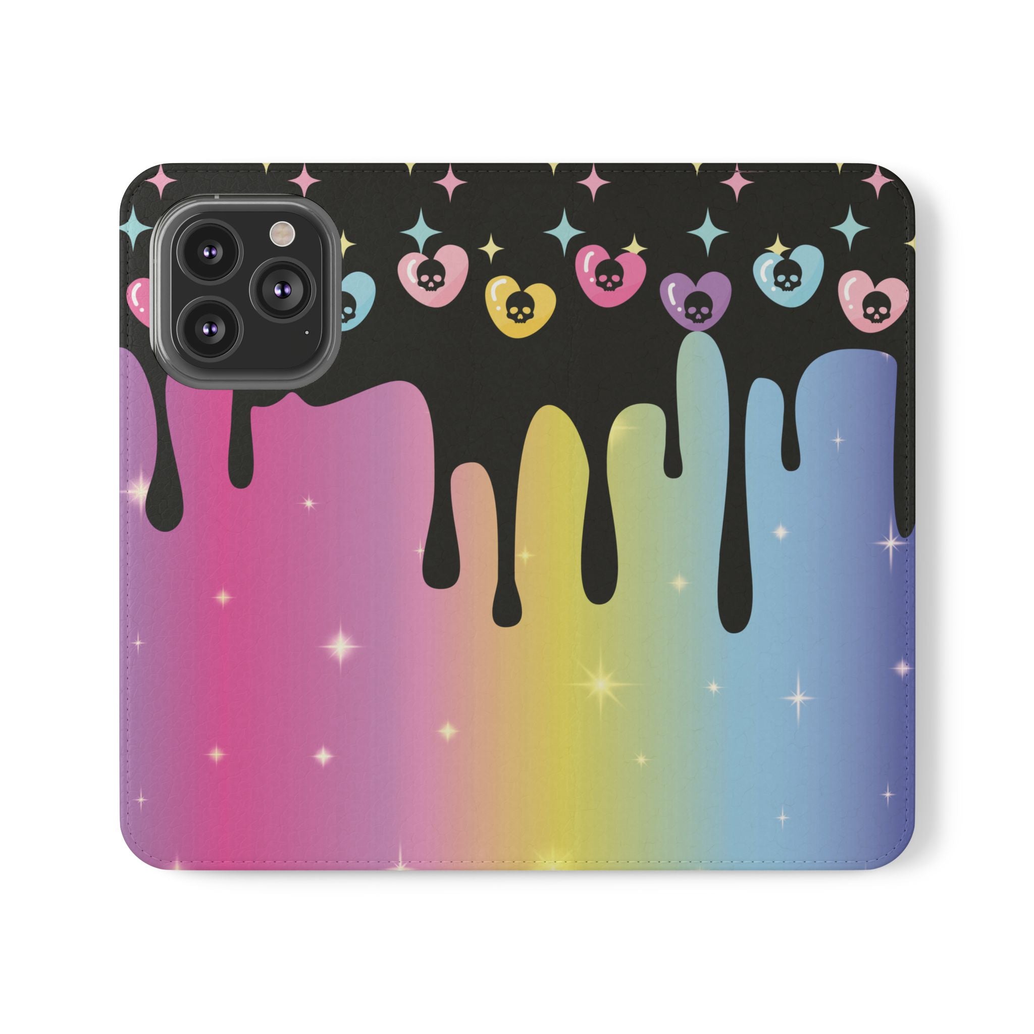 Pastel Goth Drippy Rainbow Skulls Flip Wallet Phone Case - Wallet Case for Samsung and iPhone - Gothic Style Wallet Phone Cases