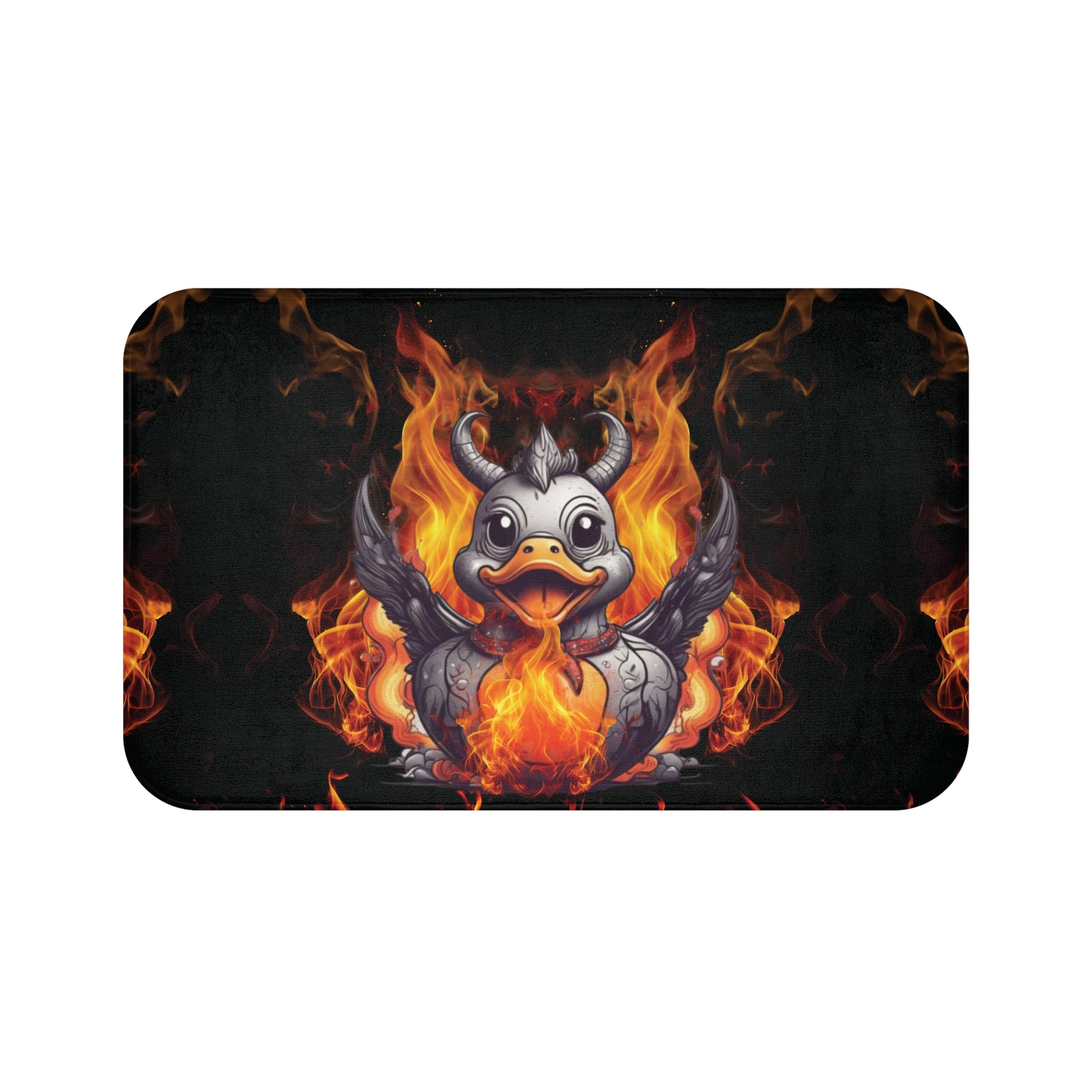 Gothic Fire Duck Bath Mat — Demon Rubber Ducky Dark Bathroom Decor