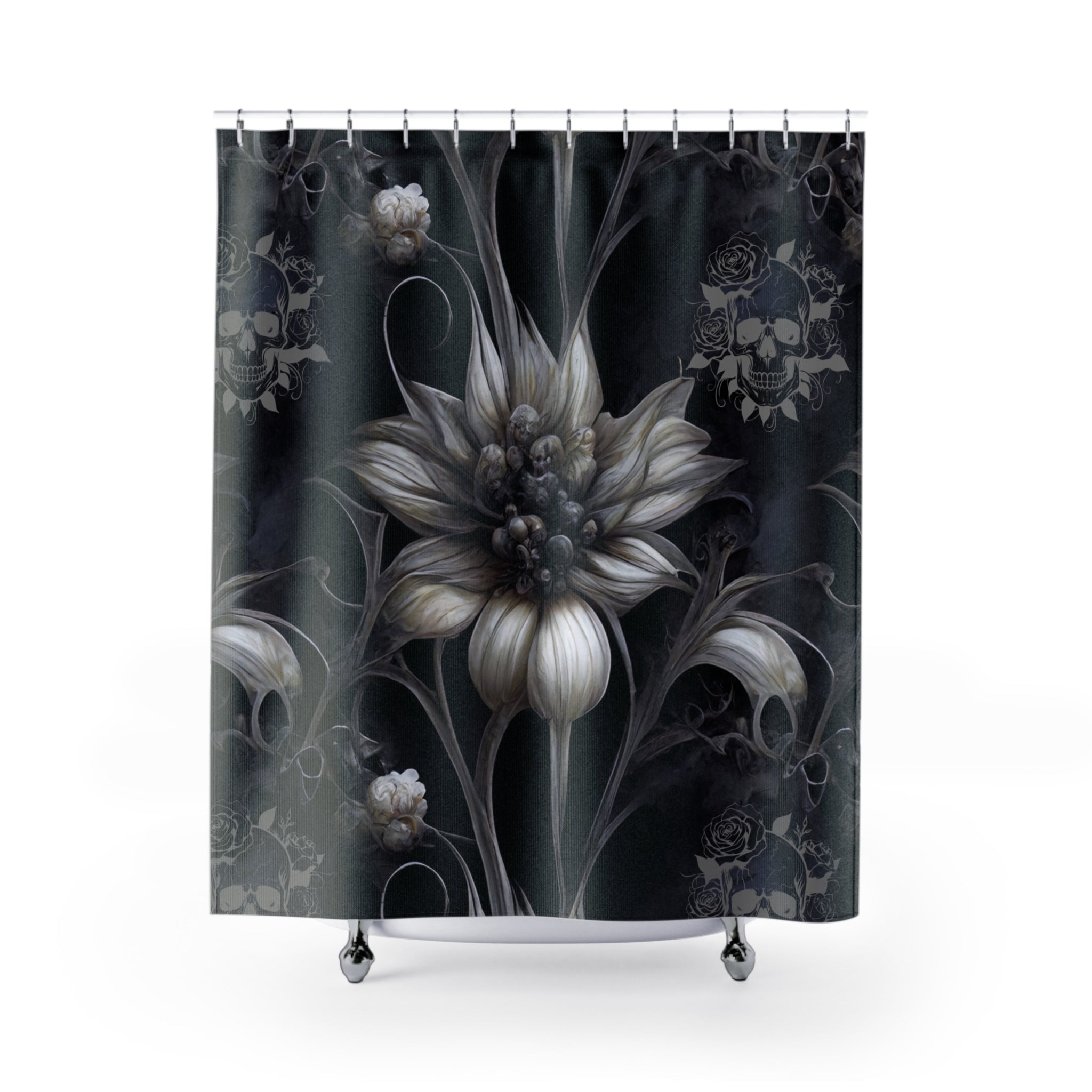 Gothic Botanical Skull Shower Curtain — Dark Floral Bathroom Decor
