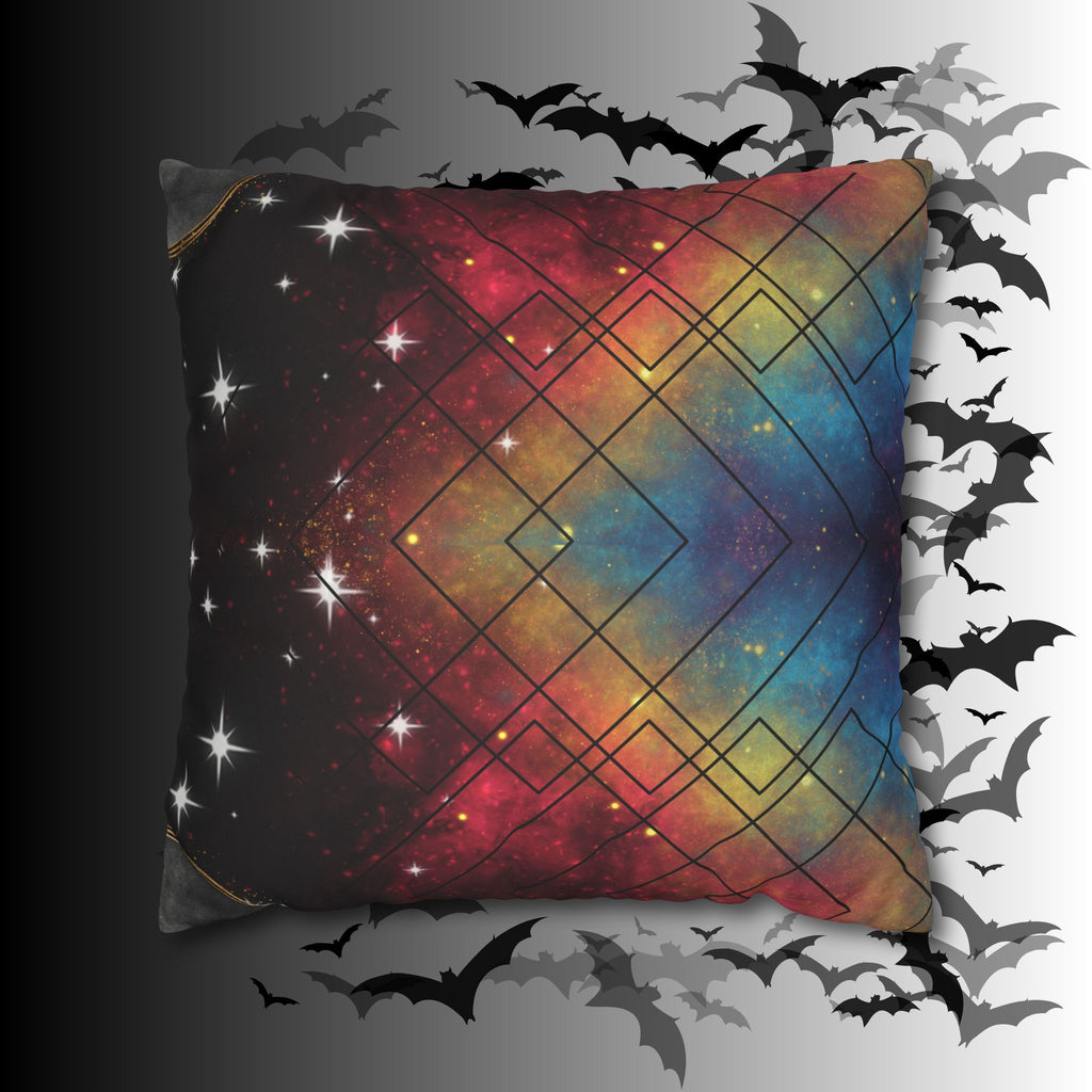 Rainbow Galaxy Geometric Throw Pillow — Celestial Cosmic Dark Home Decor